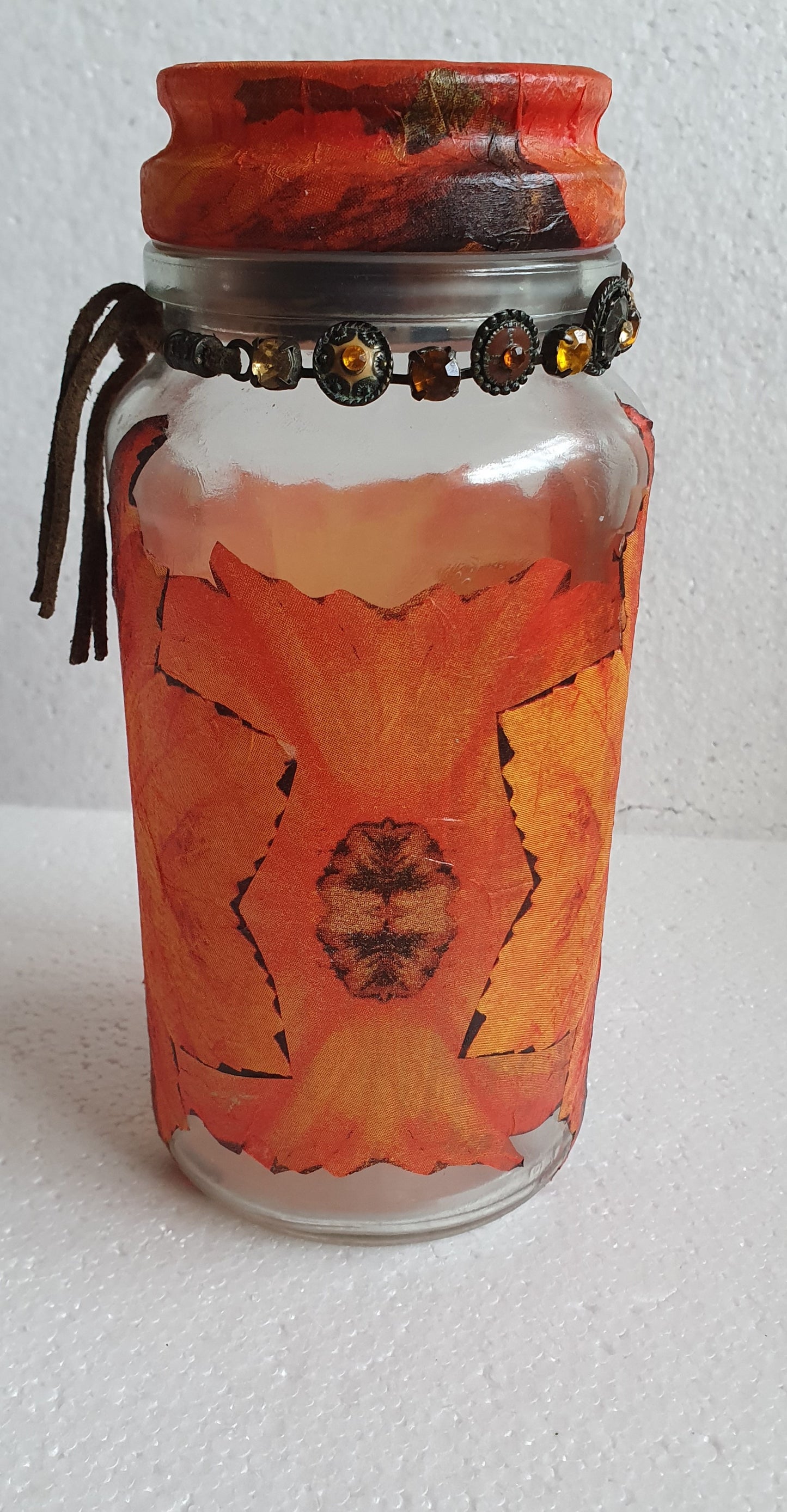 Medium Hand Decorated Glass Pin Cushion Jar Orange Flowers Leaves Autumn Crafters Gift