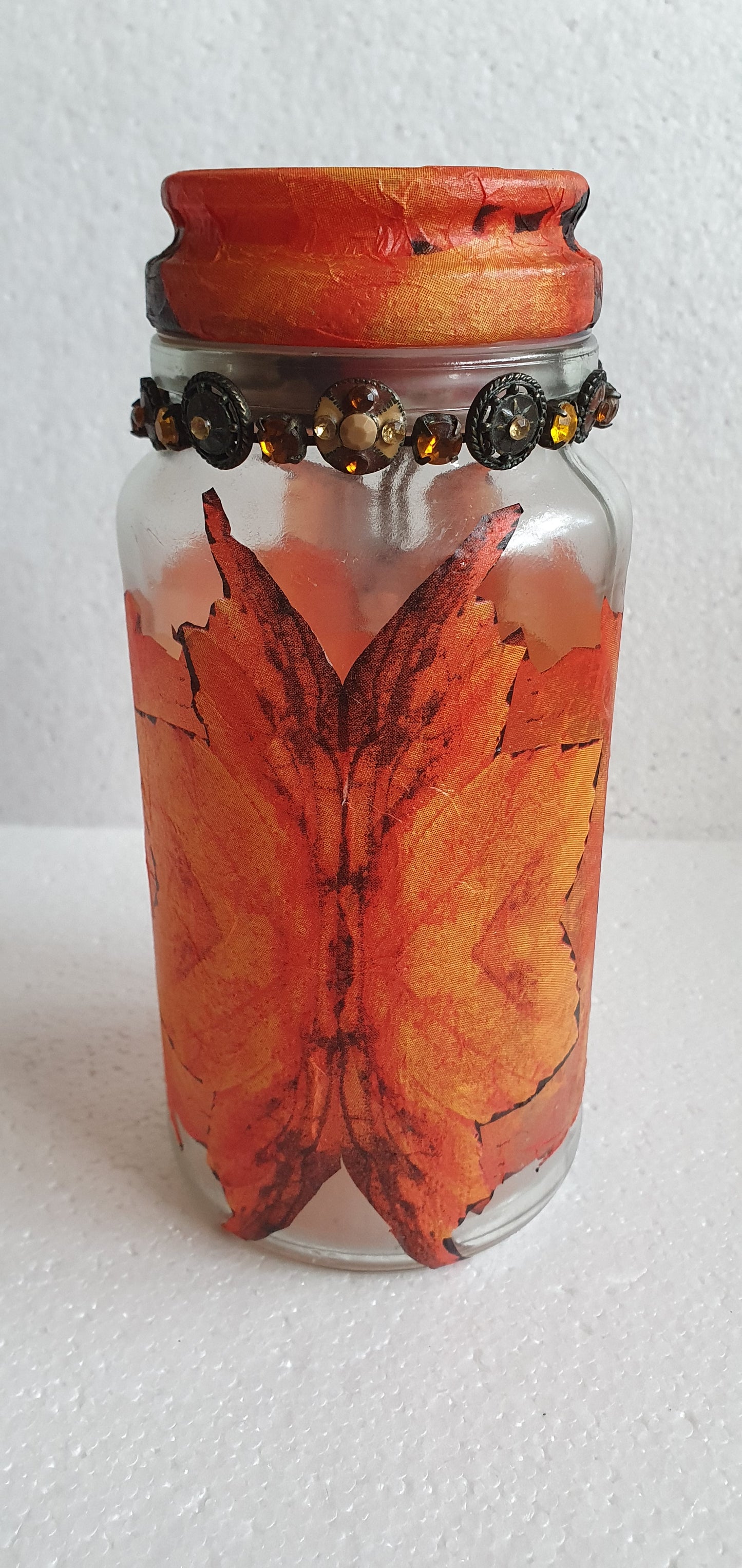 Medium Hand Decorated Glass Pin Cushion Jar Orange Flowers Leaves Autumn Crafters Gift