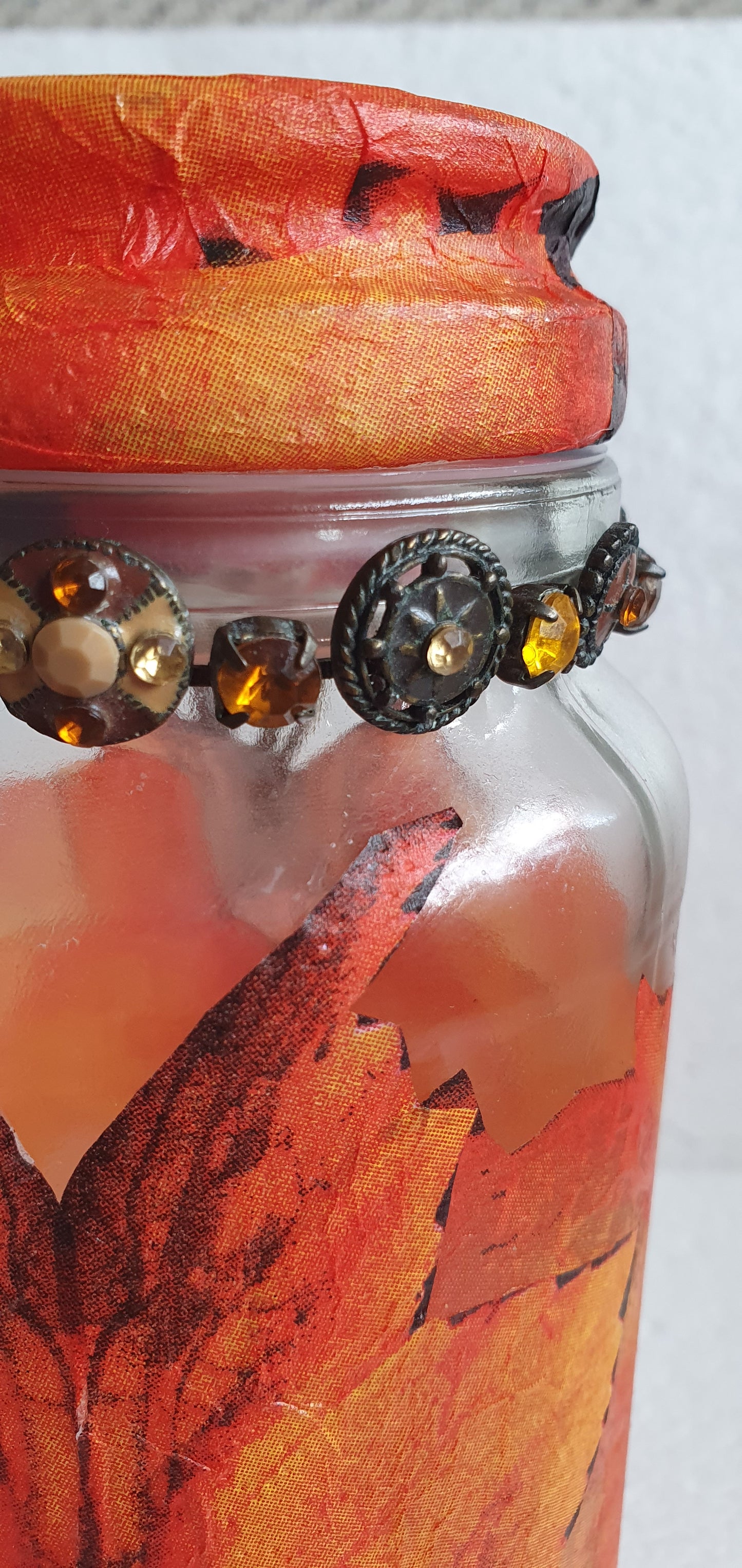Medium Hand Decorated Glass Pin Cushion Jar Orange Flowers Leaves Autumn Crafters Gift