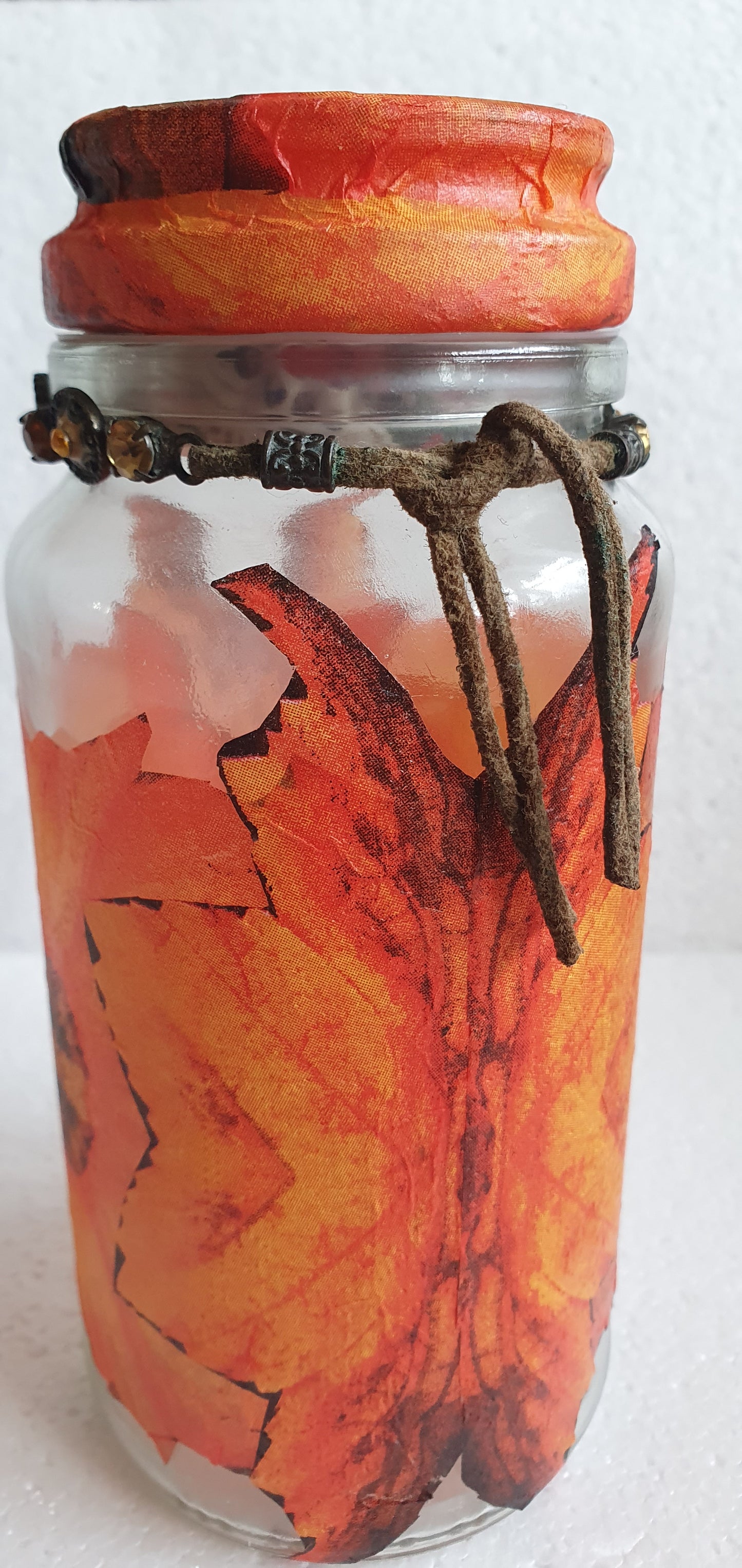 Medium Hand Decorated Glass Pin Cushion Jar Orange Flowers Leaves Autumn Crafters Gift