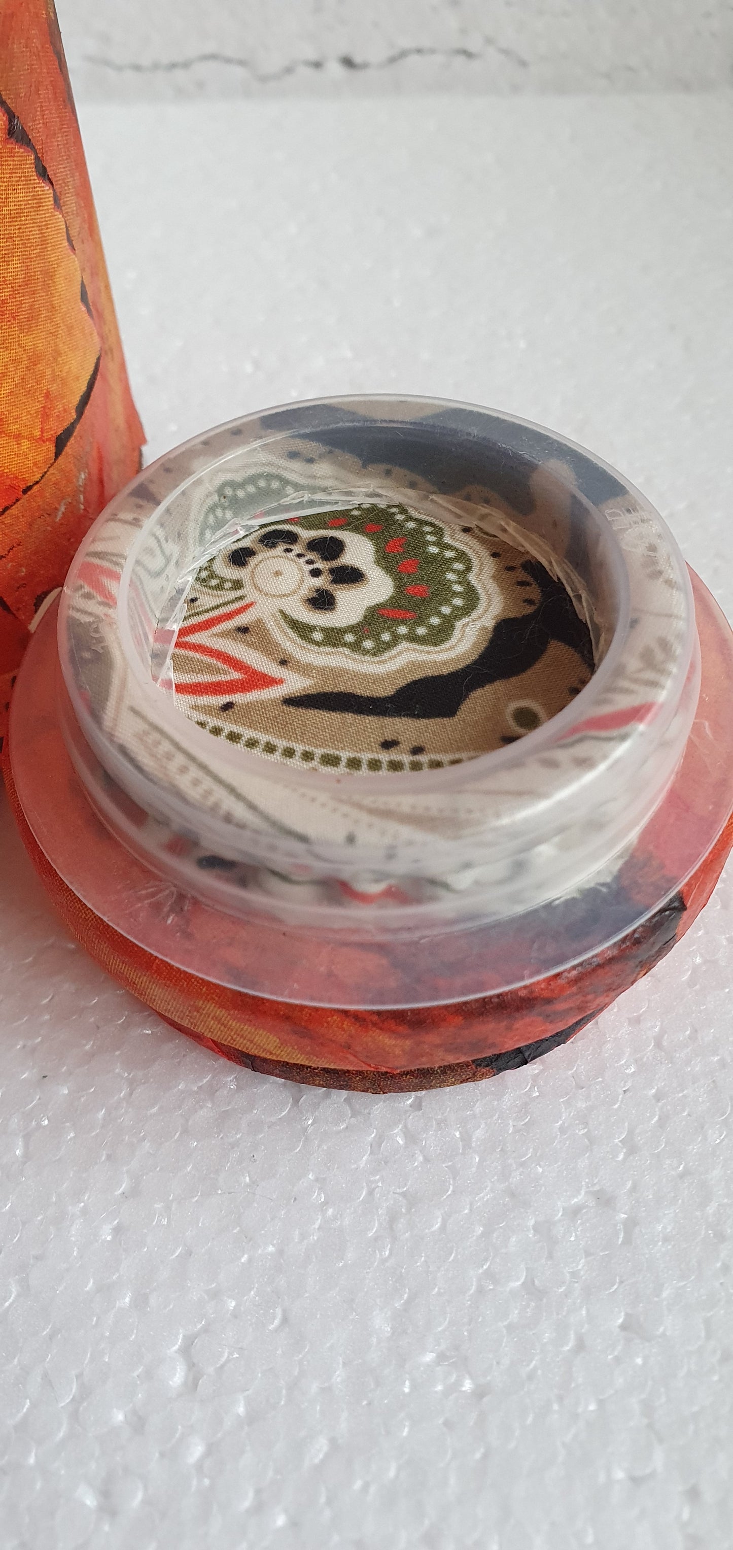 Medium Hand Decorated Glass Pin Cushion Jar Orange Flowers Leaves Autumn Crafters Gift