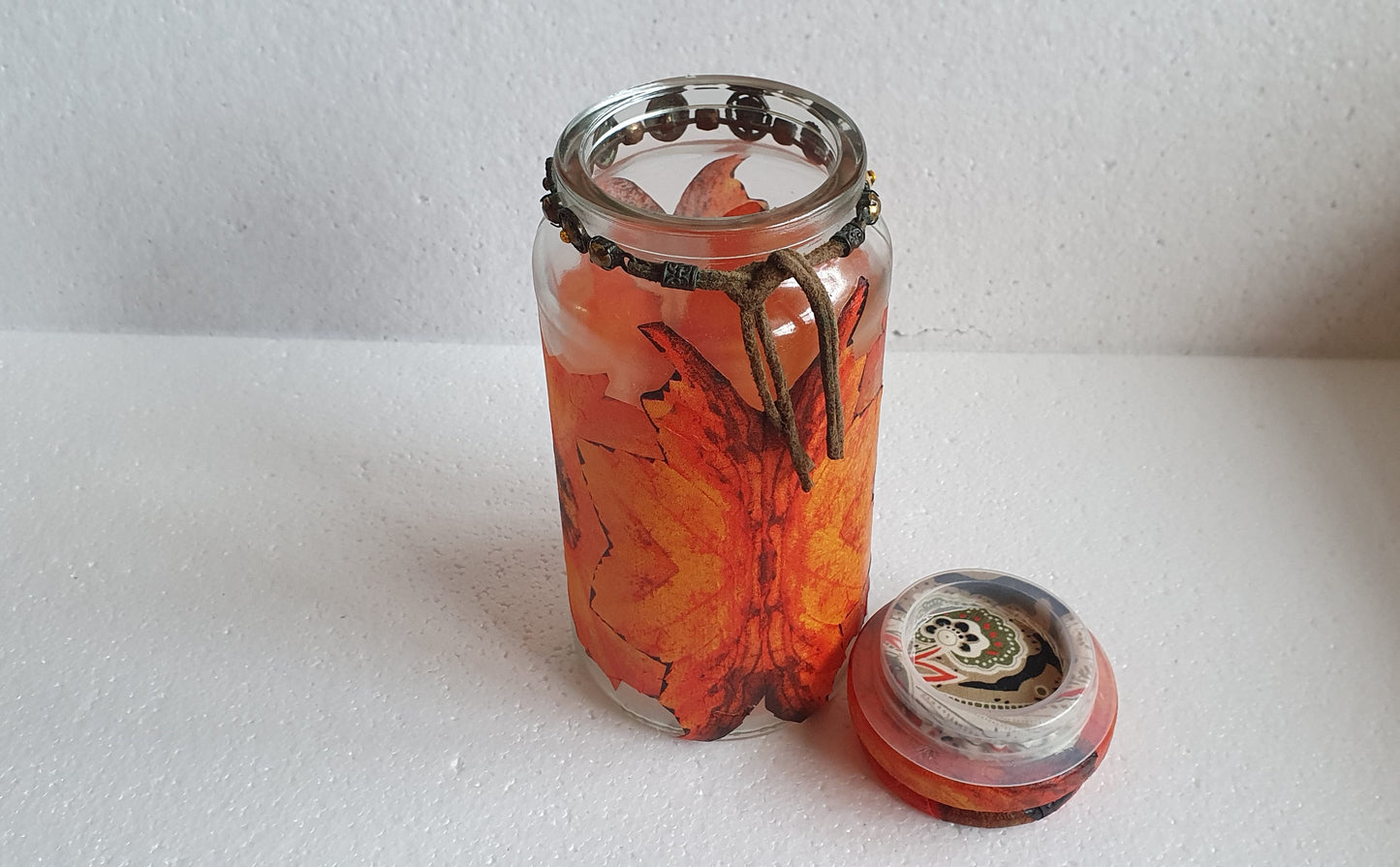 Medium Hand Decorated Glass Pin Cushion Jar Orange Flowers Leaves Autumn Crafters Gift