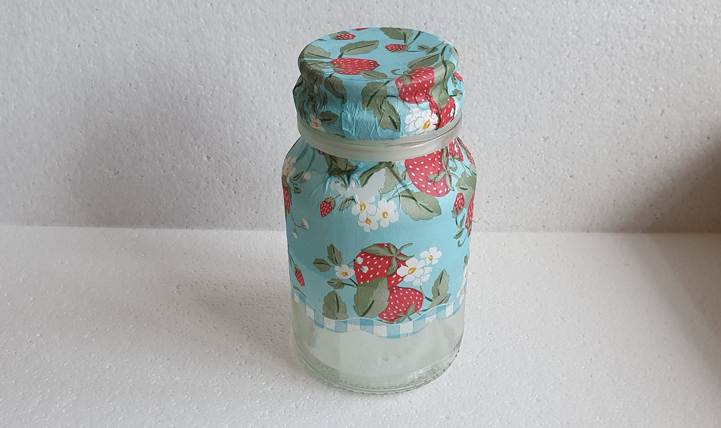 Medium 'Chunky' Hand Decorated Glass Pin Cushion Jar Strawberries Blue Red Crafters Gift