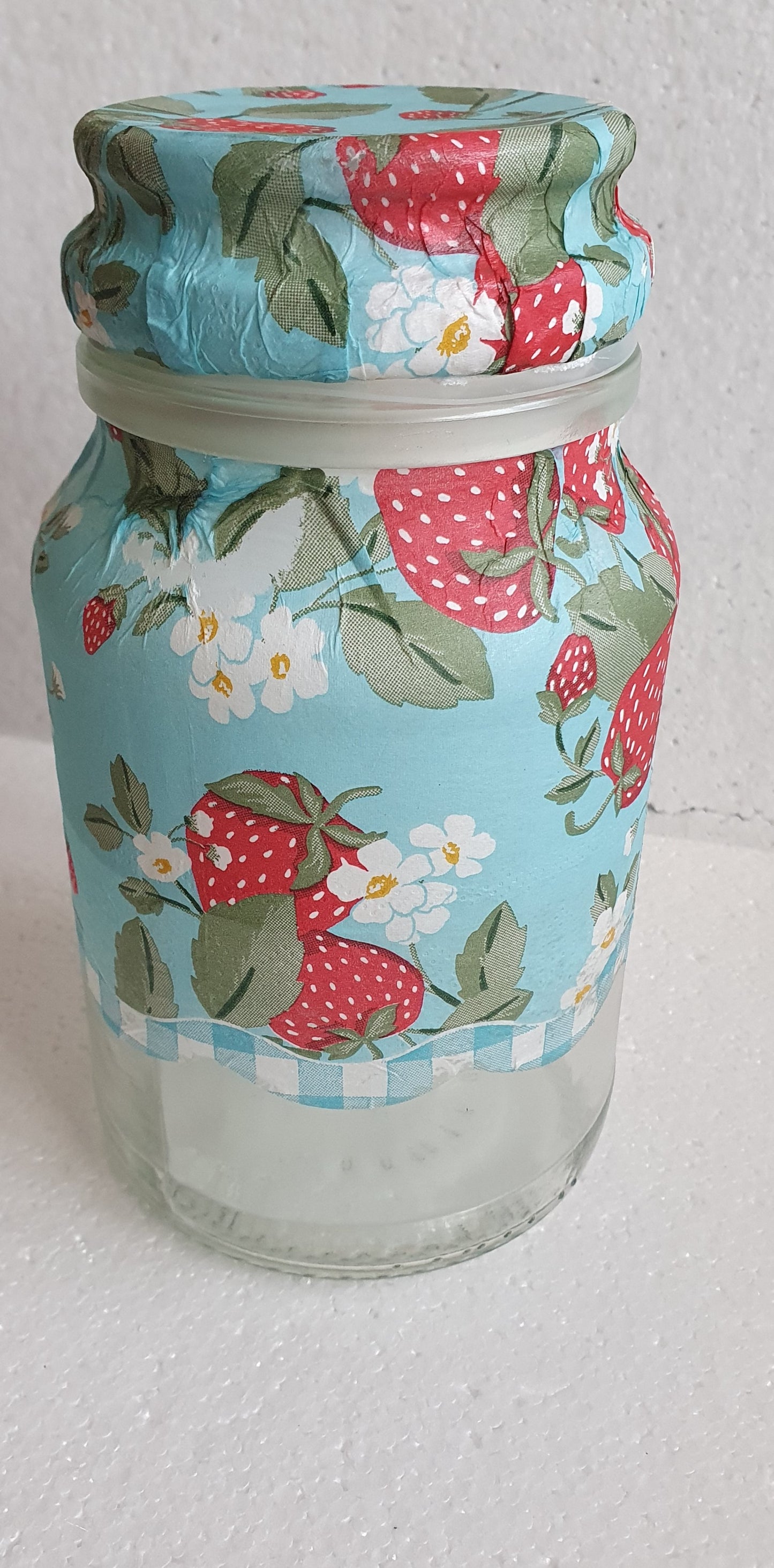 Medium 'Chunky' Hand Decorated Glass Pin Cushion Jar Strawberries Blue Red Crafters Gift