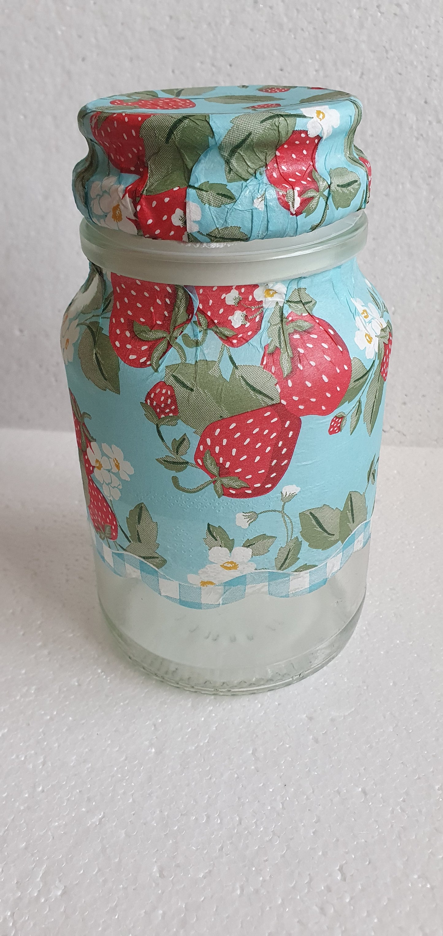 Medium 'Chunky' Hand Decorated Glass Pin Cushion Jar Strawberries Blue Red Crafters Gift