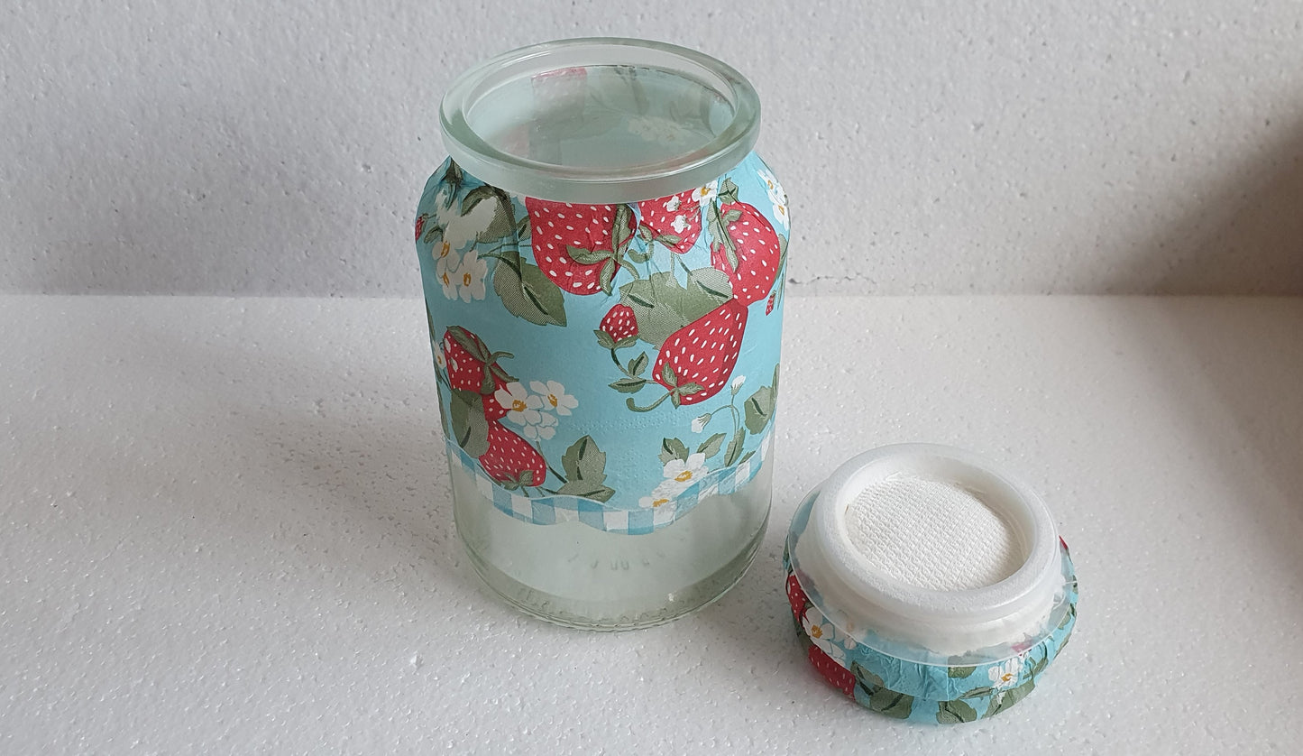 Medium 'Chunky' Hand Decorated Glass Pin Cushion Jar Strawberries Blue Red Crafters Gift