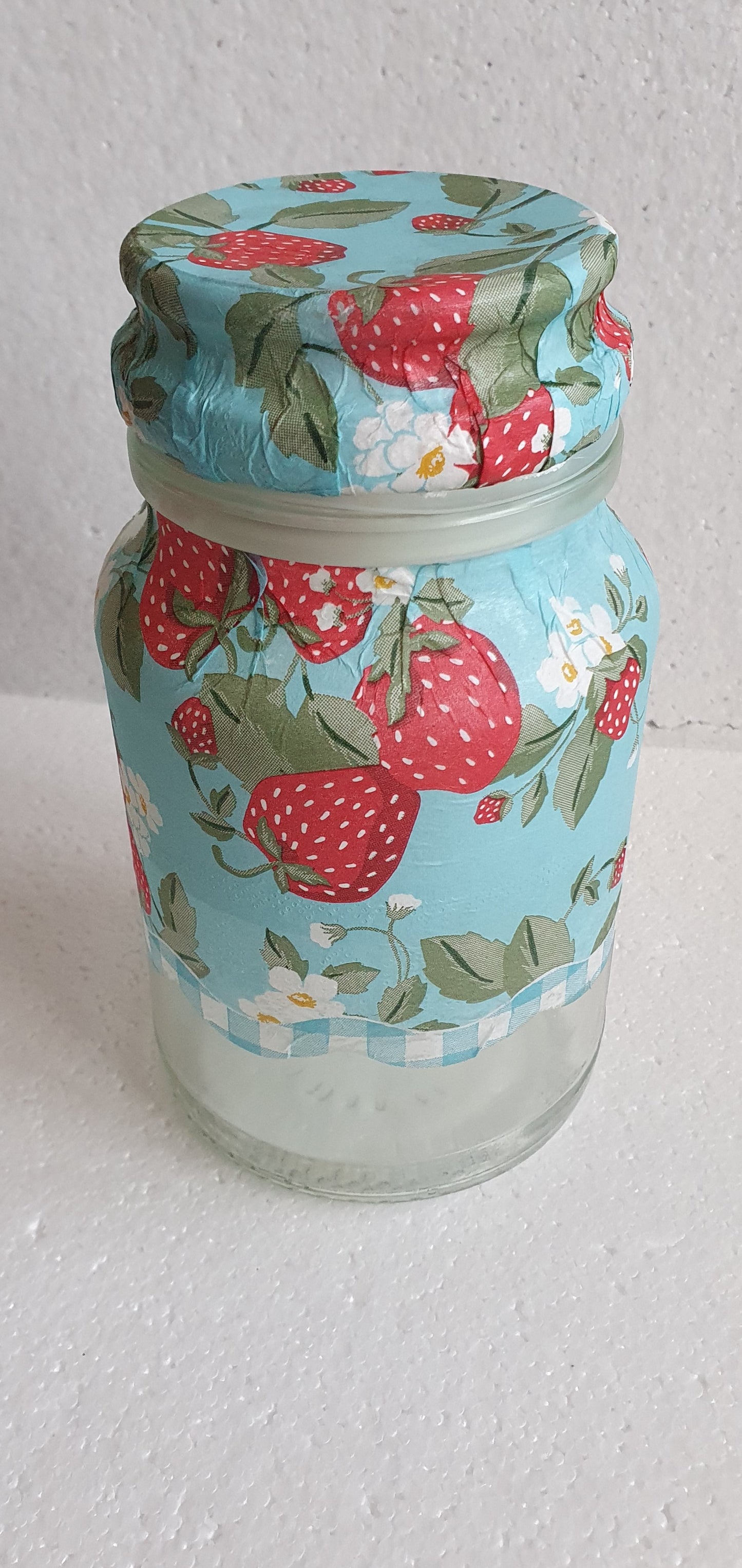 Medium 'Chunky' Hand Decorated Glass Pin Cushion Jar Strawberries Blue Red Crafters Gift
