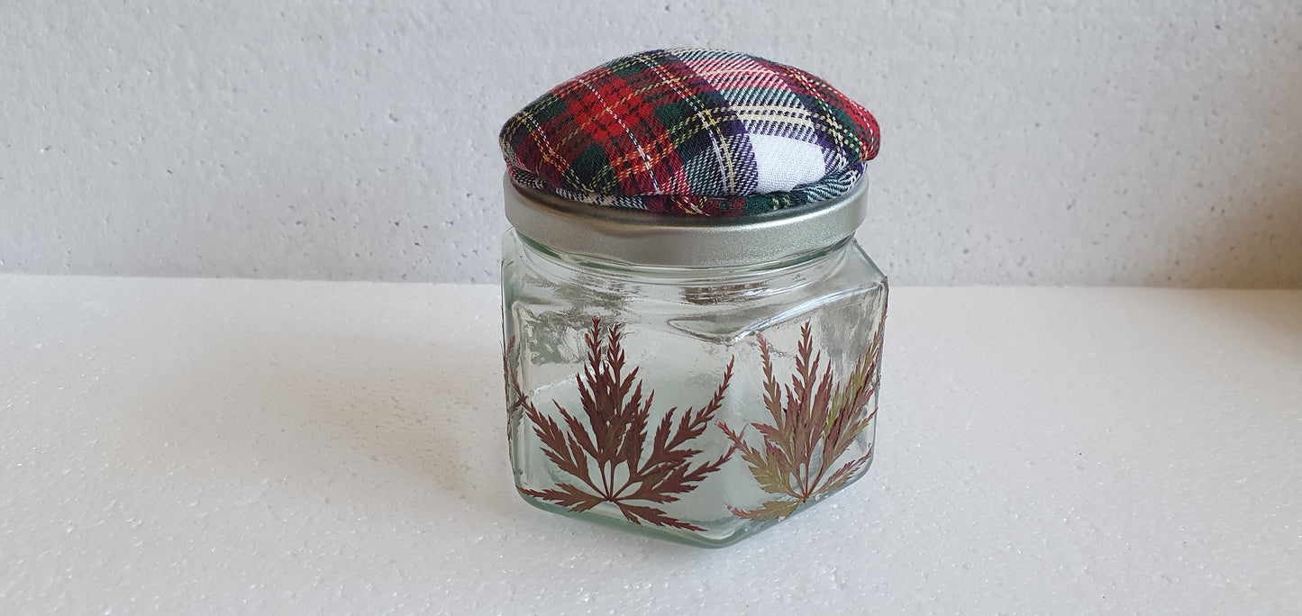 Glass Hexagon Shape Pressed Leaf Red Tartan Hand Decorated Pin Cushion Jar Crafters Gift