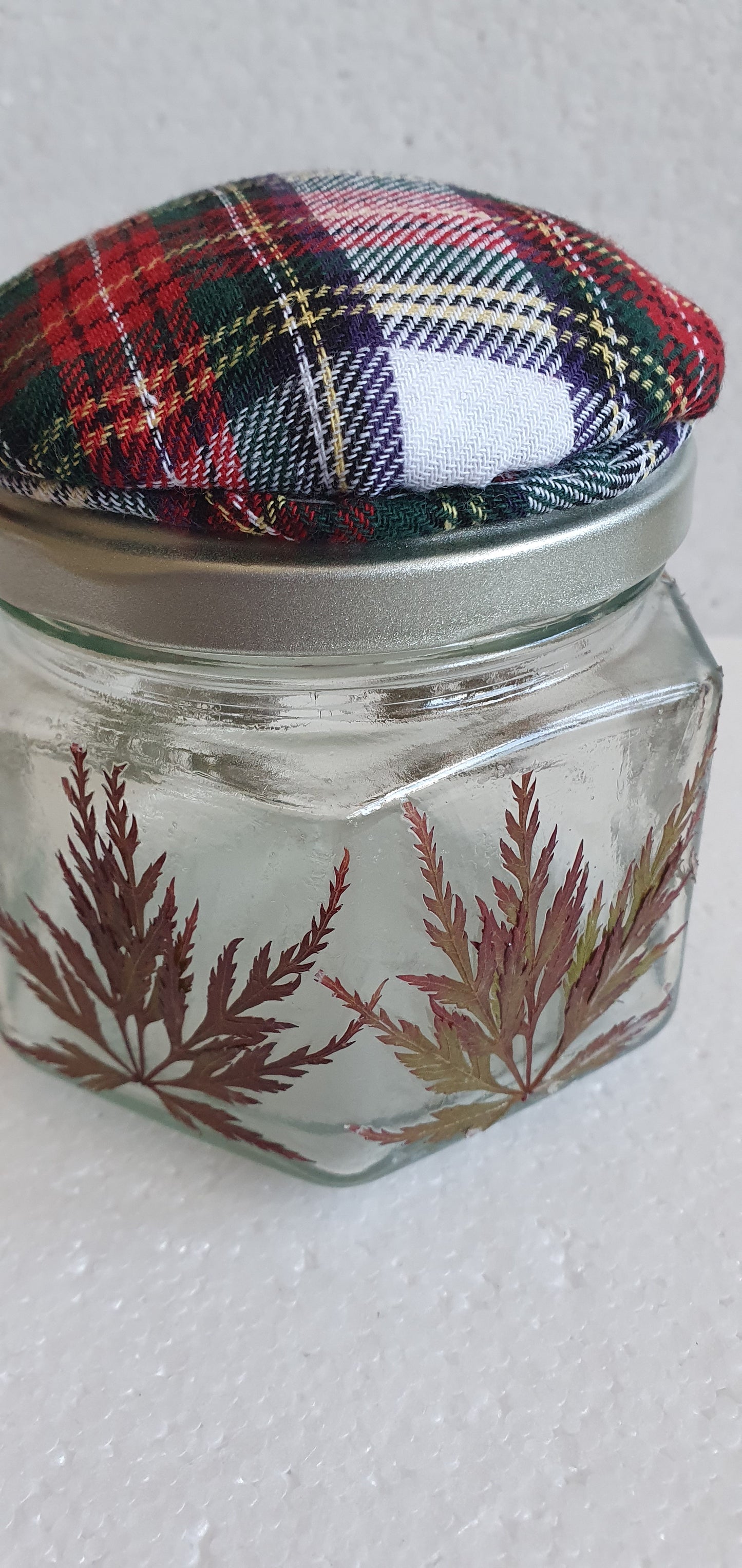 Glass Hexagon Shape Pressed Leaf Red Tartan Hand Decorated Pin Cushion Jar Crafters Gift