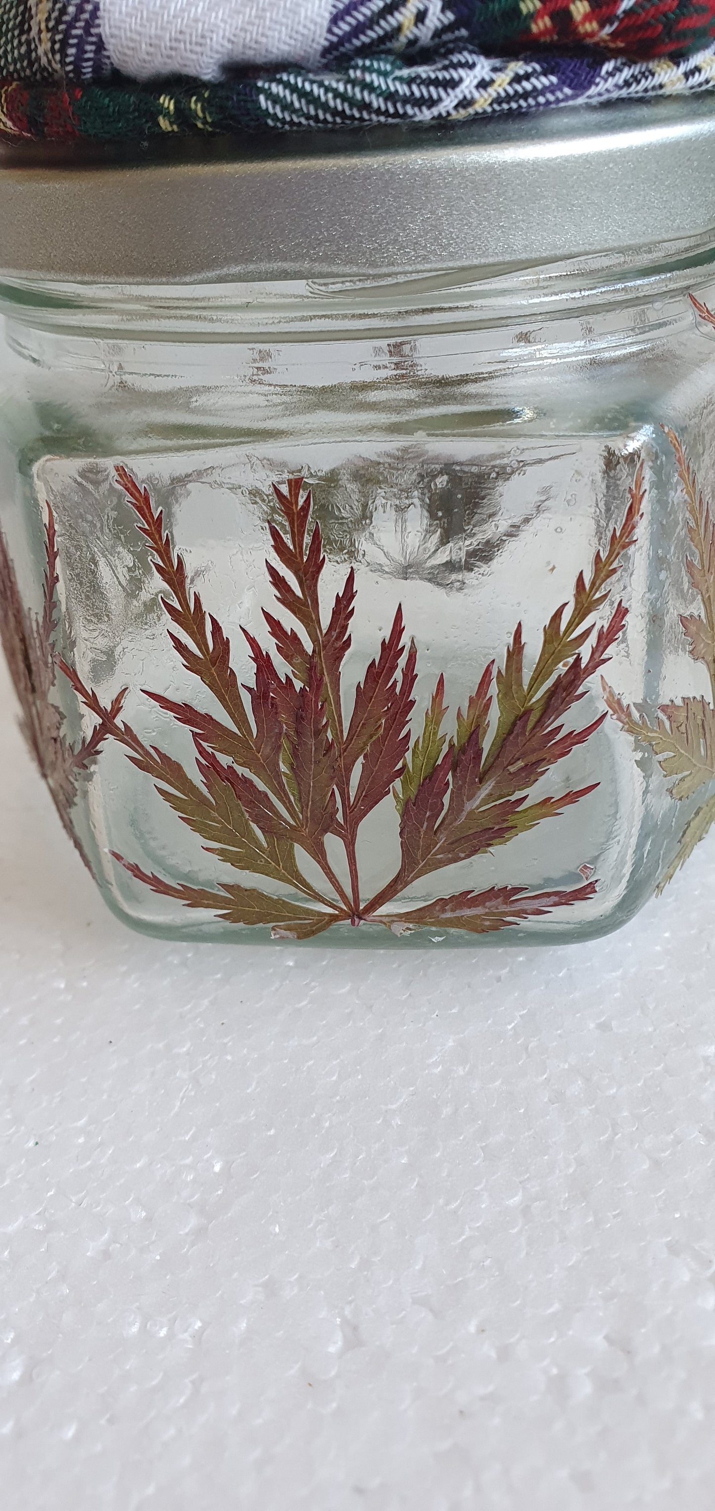 Glass Hexagon Shape Pressed Leaf Red Tartan Hand Decorated Pin Cushion Jar Crafters Gift