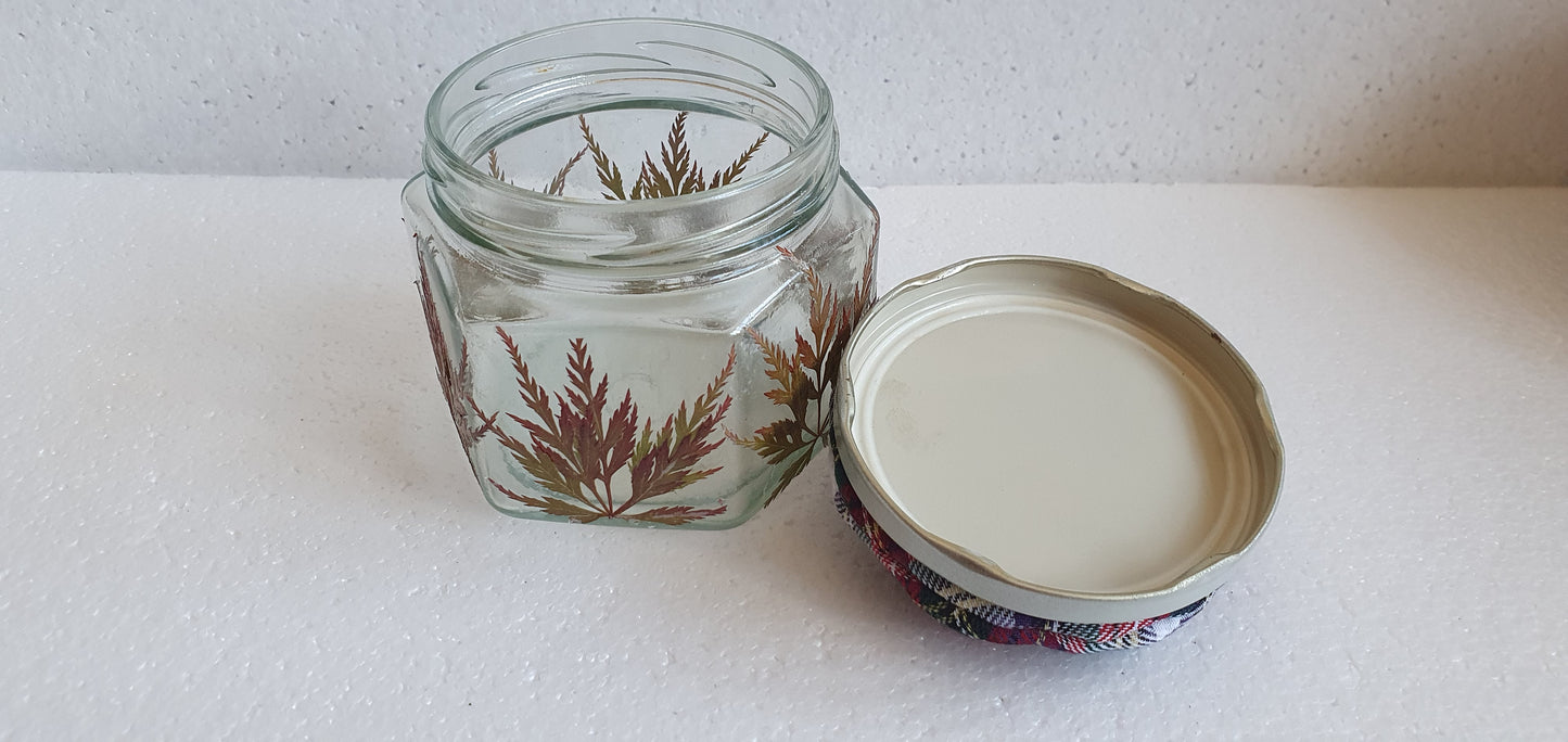 Glass Hexagon Shape Pressed Leaf Red Tartan Hand Decorated Pin Cushion Jar Crafters Gift