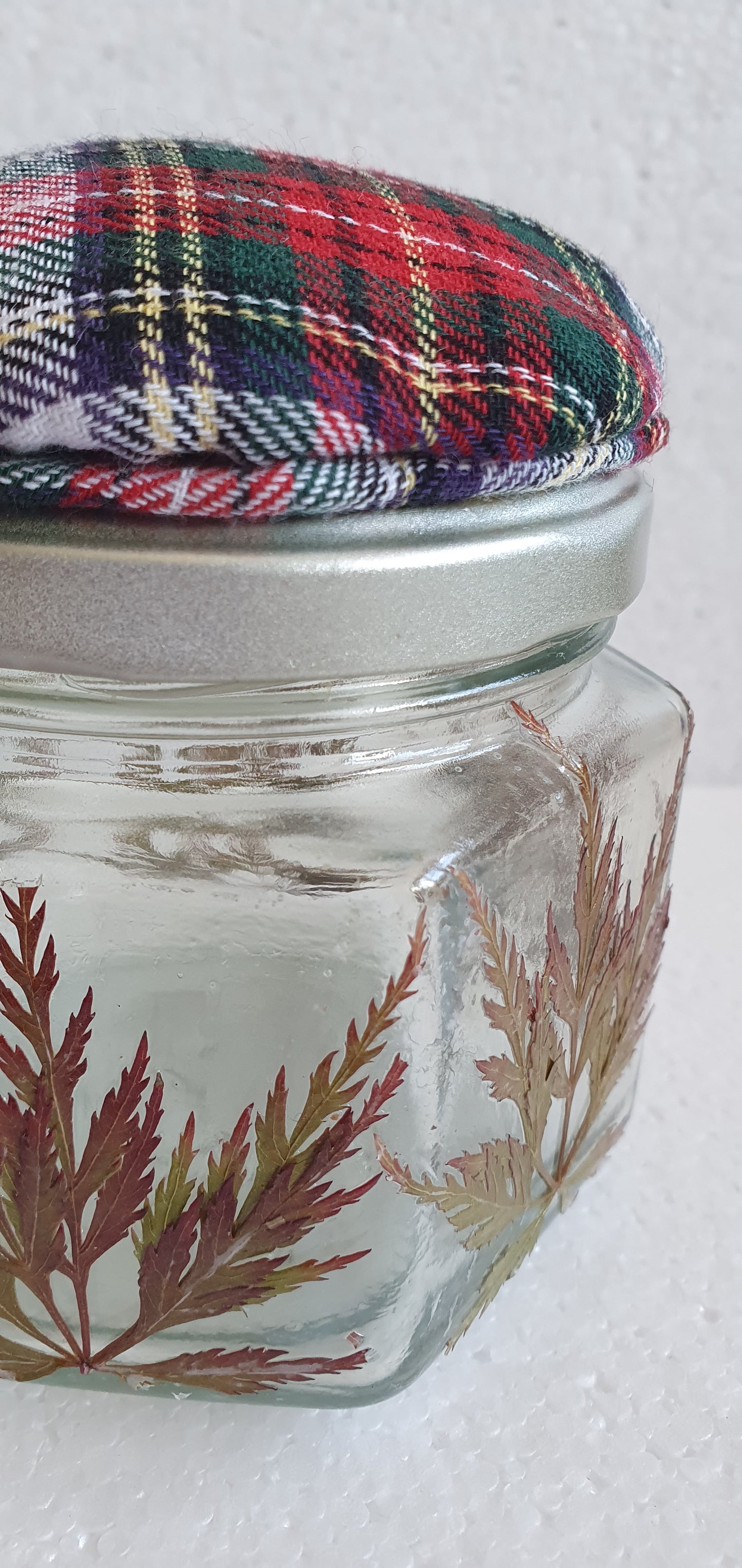 Glass Hexagon Shape Pressed Leaf Red Tartan Hand Decorated Pin Cushion Jar Crafters Gift