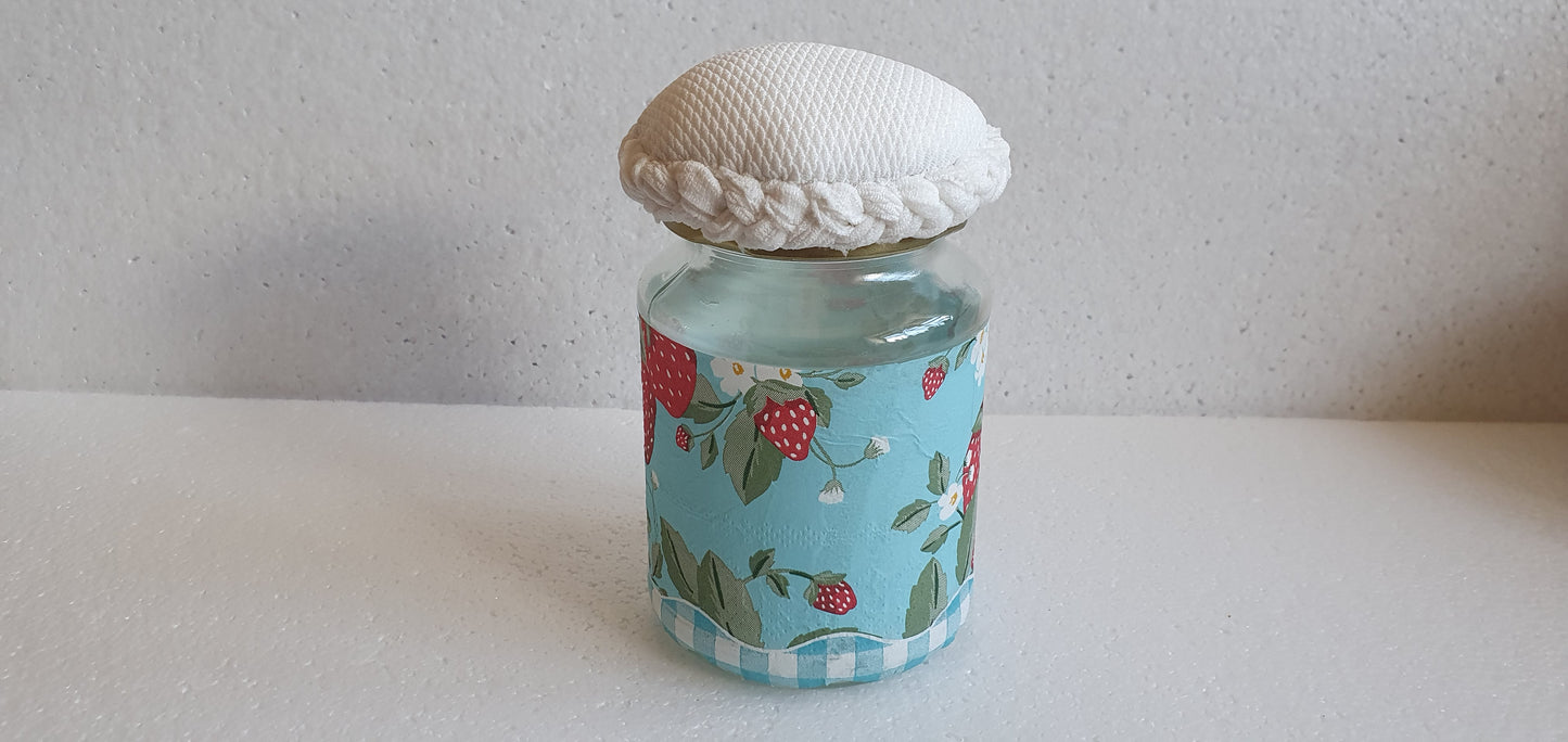 Medium Hand Decorated Glass Pin Cushion Jar Strawberries Blue Cream Crafters Gift