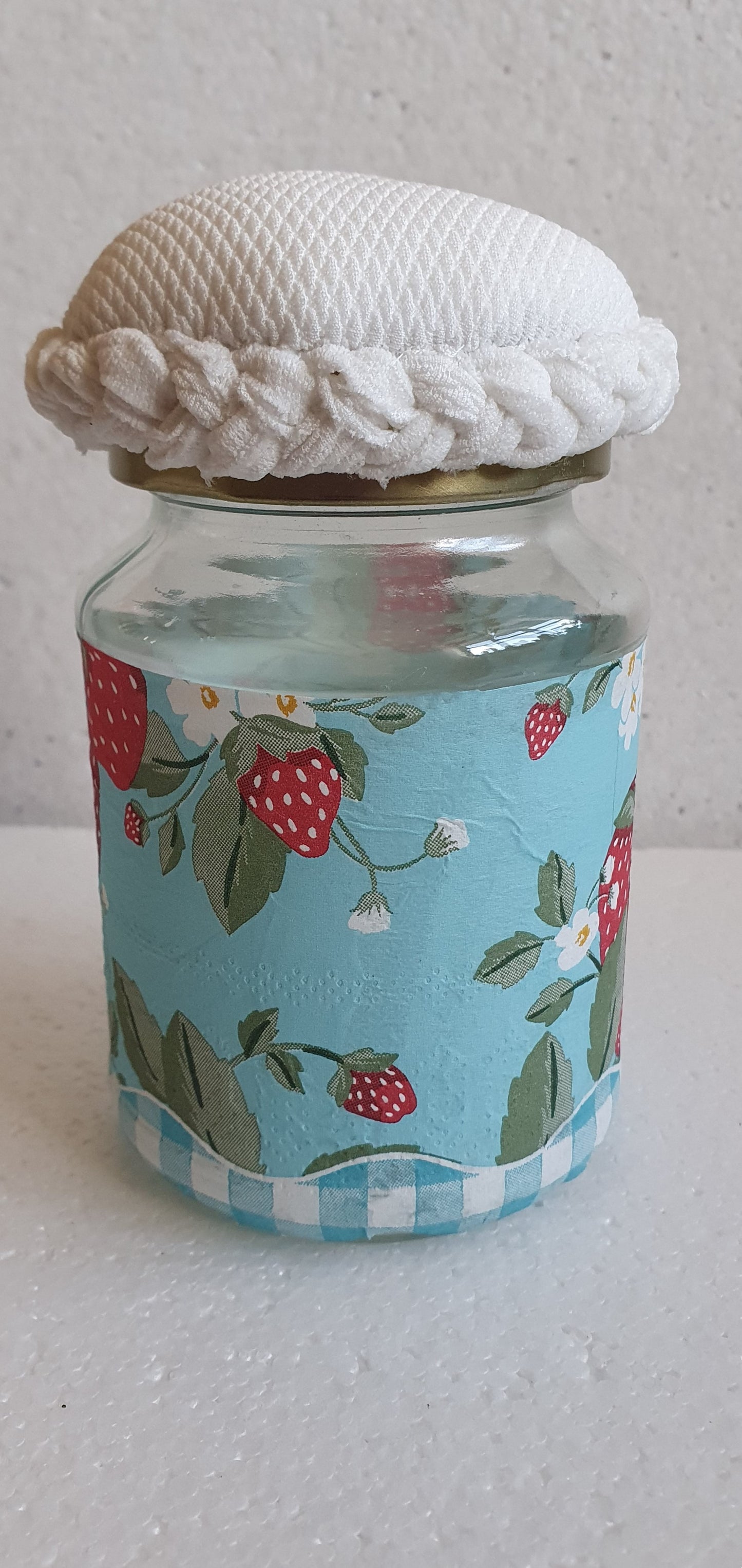 Medium Hand Decorated Glass Pin Cushion Jar Strawberries Blue Cream Crafters Gift