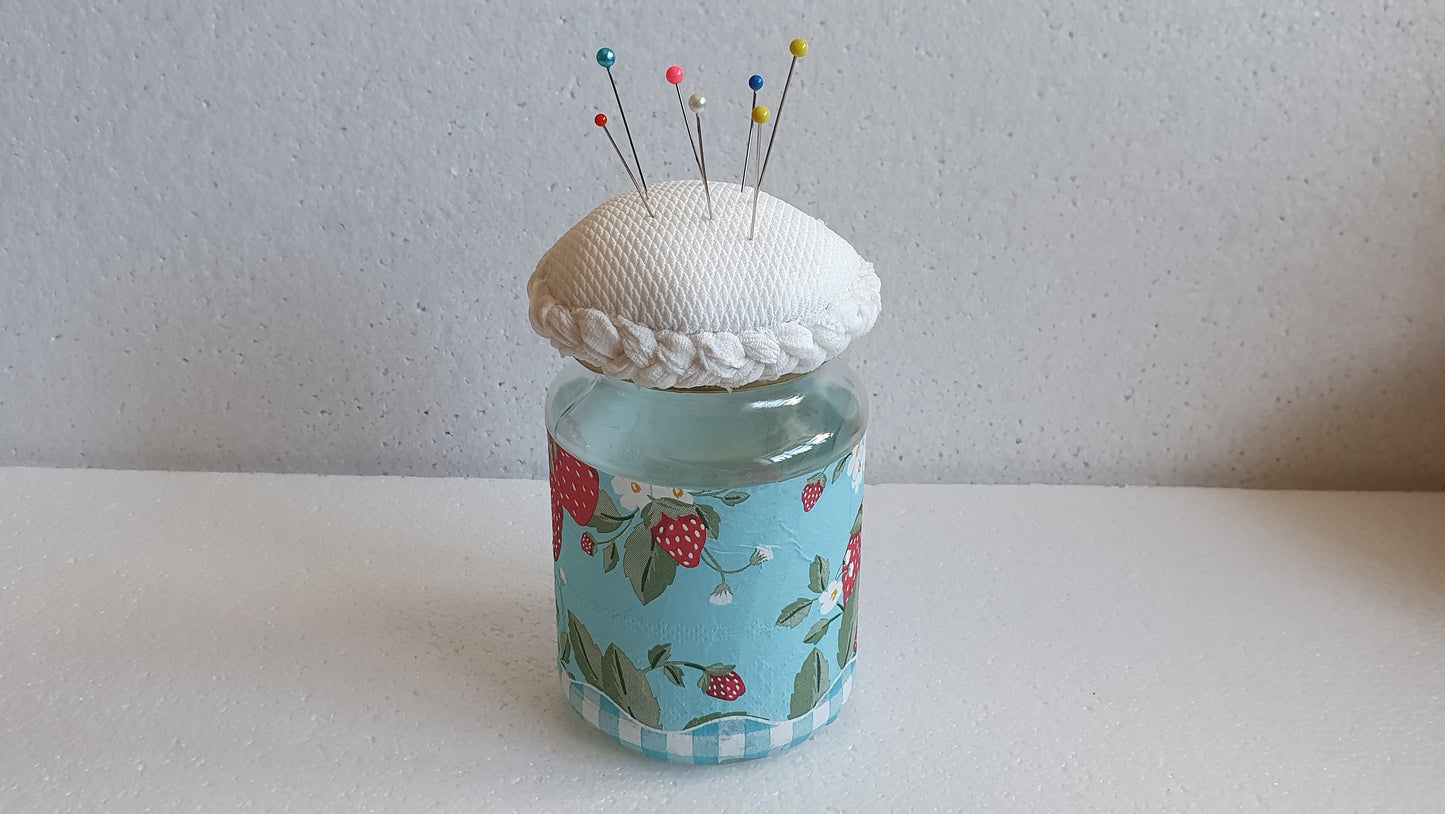 Medium Hand Decorated Glass Pin Cushion Jar Strawberries Blue Cream Crafters Gift
