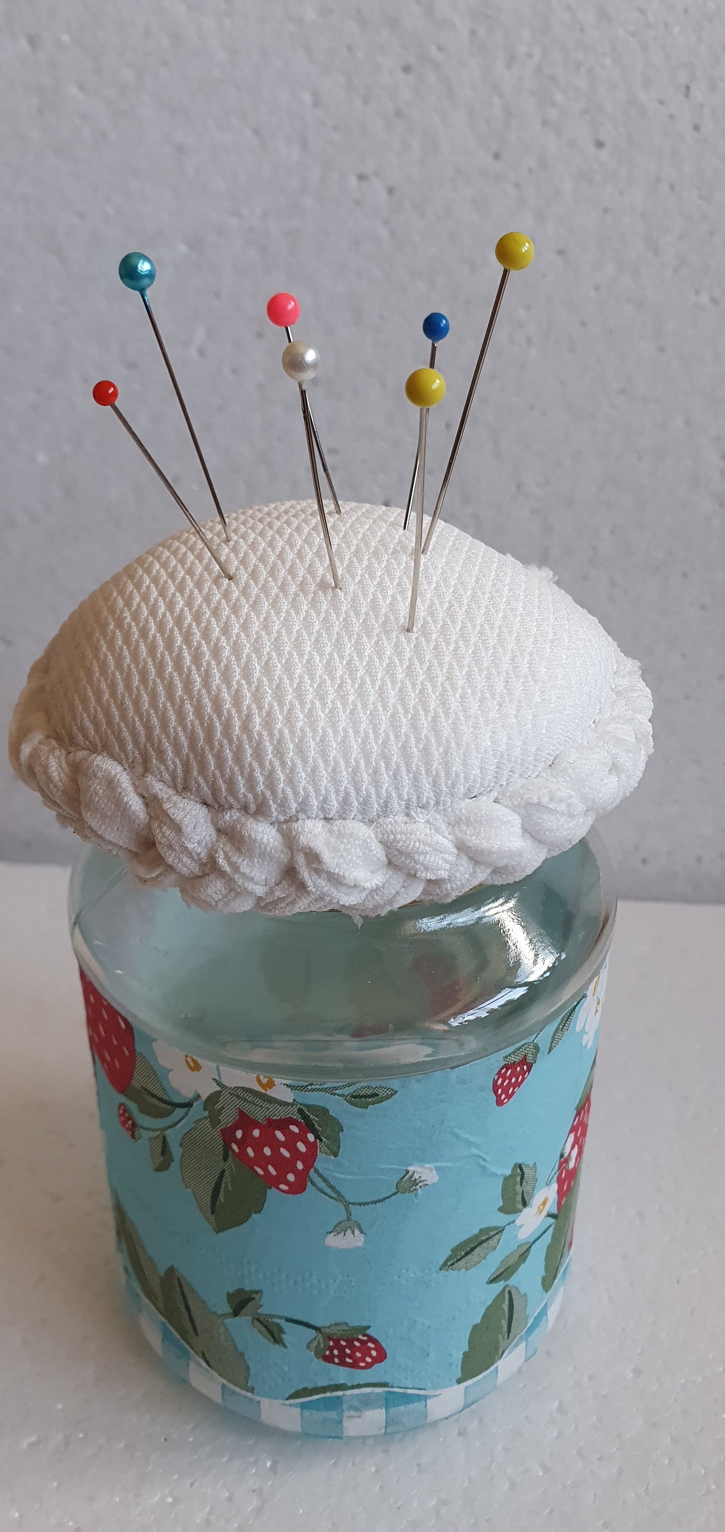 Medium Hand Decorated Glass Pin Cushion Jar Strawberries Blue Cream Crafters Gift