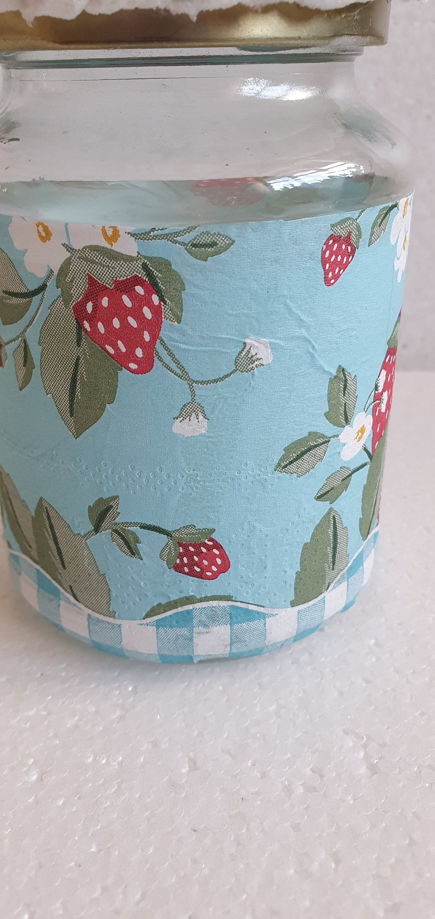 Medium Hand Decorated Glass Pin Cushion Jar Strawberries Blue Cream Crafters Gift