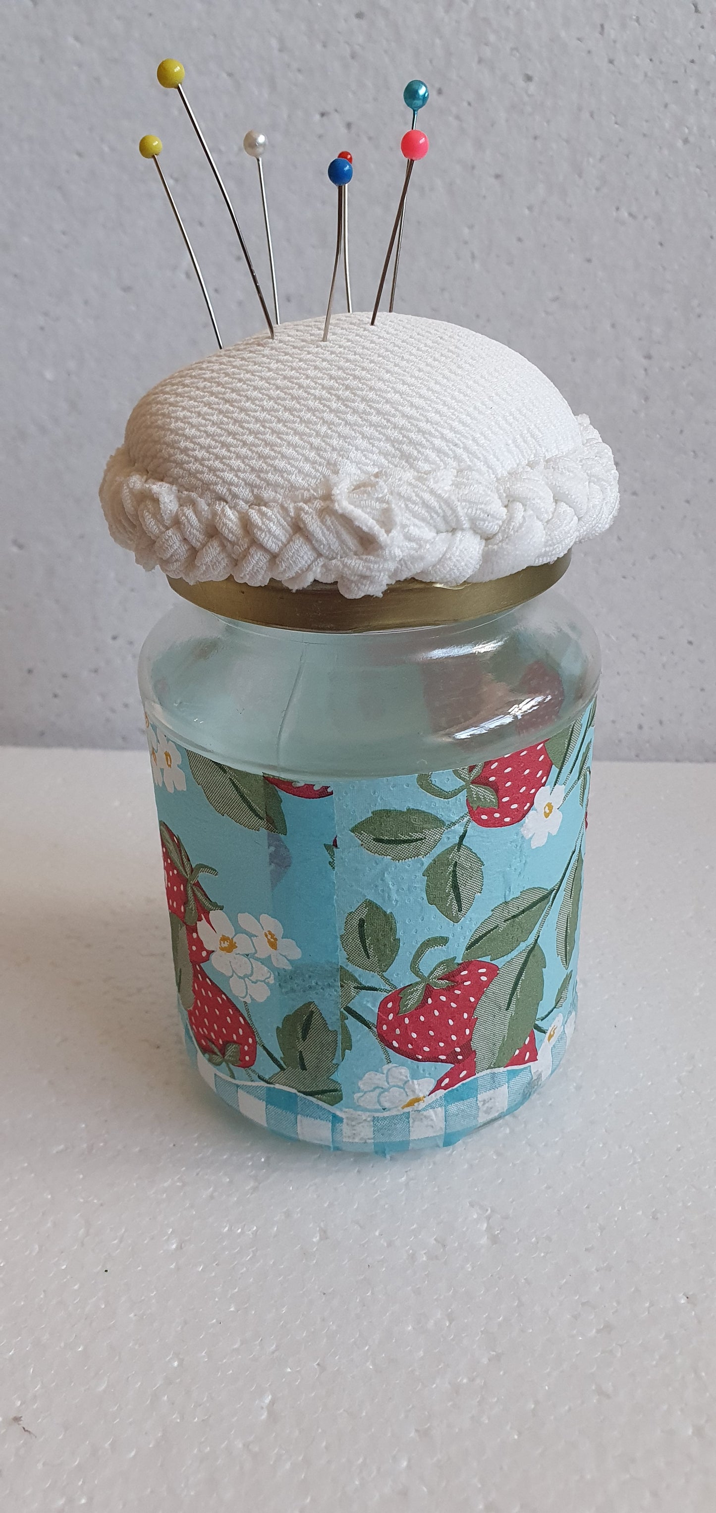 Medium Hand Decorated Glass Pin Cushion Jar Strawberries Blue Cream Crafters Gift