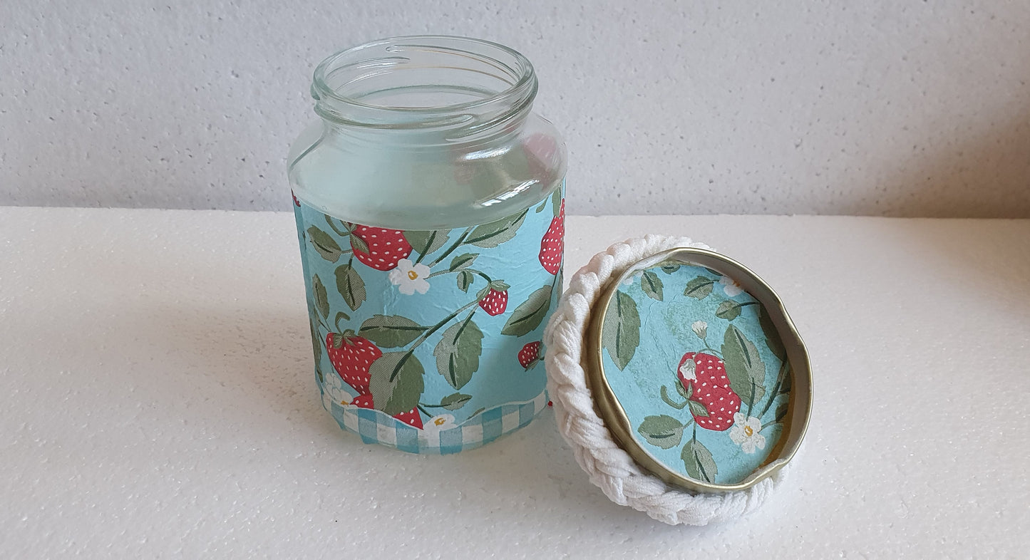 Medium Hand Decorated Glass Pin Cushion Jar Strawberries Blue Cream Crafters Gift