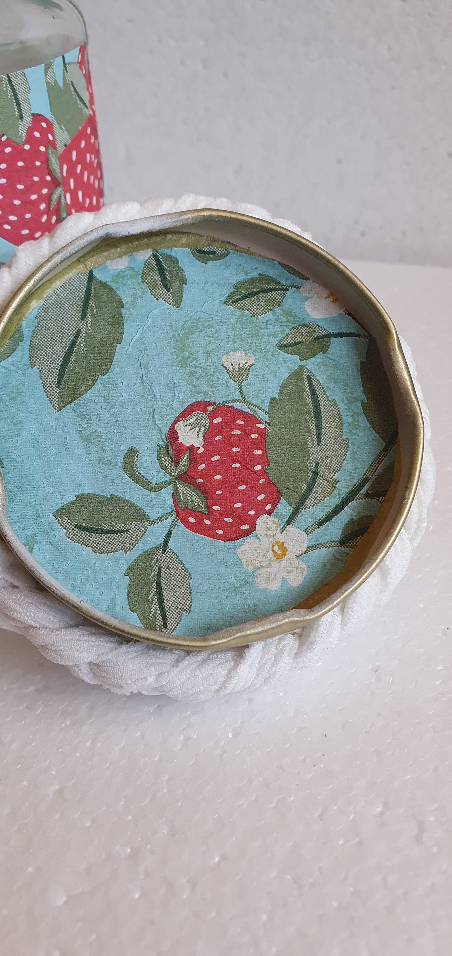 Medium Hand Decorated Glass Pin Cushion Jar Strawberries Blue Cream Crafters Gift
