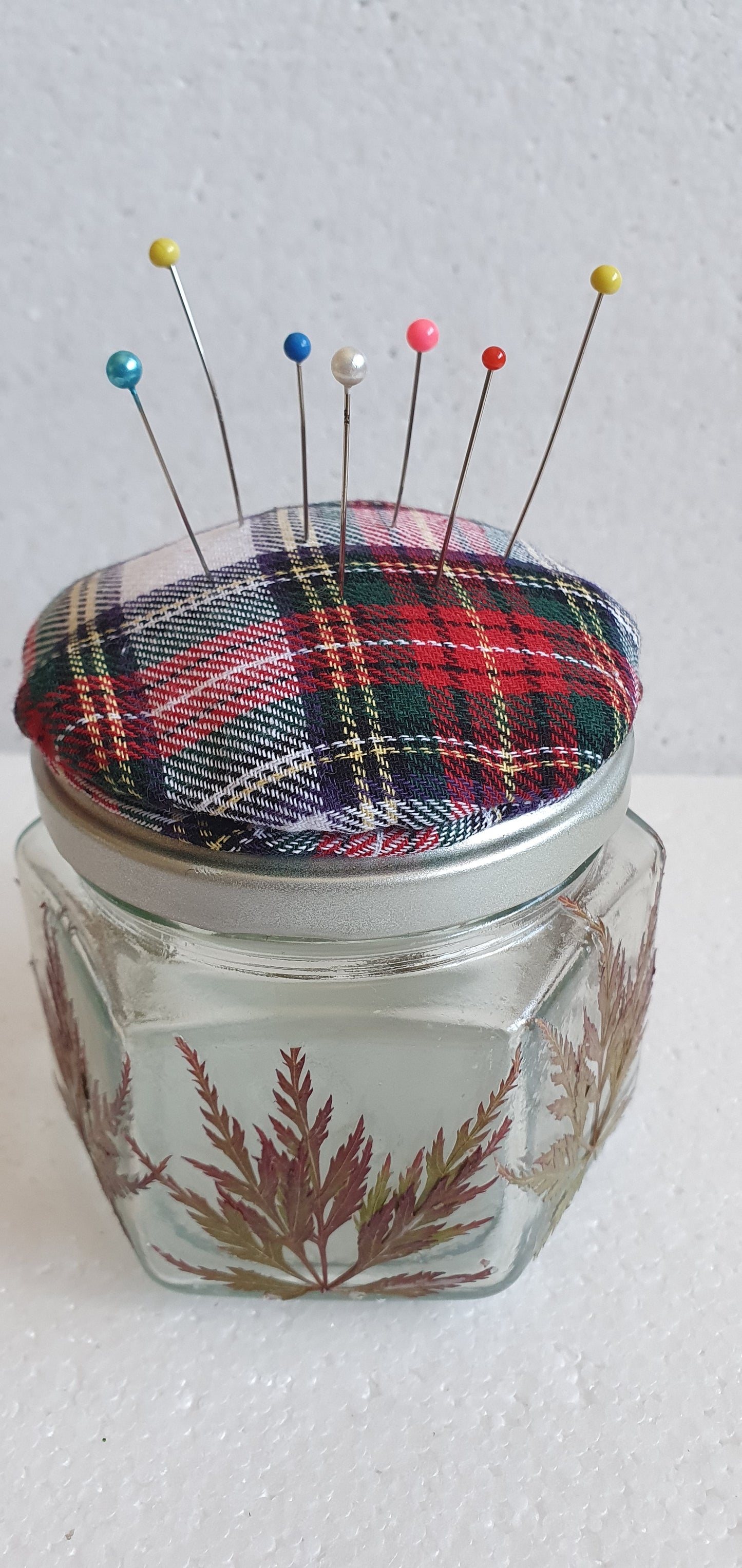 Glass Hexagon Shape Pressed Leaf Red Tartan Hand Decorated Pin Cushion Jar Crafters Gift
