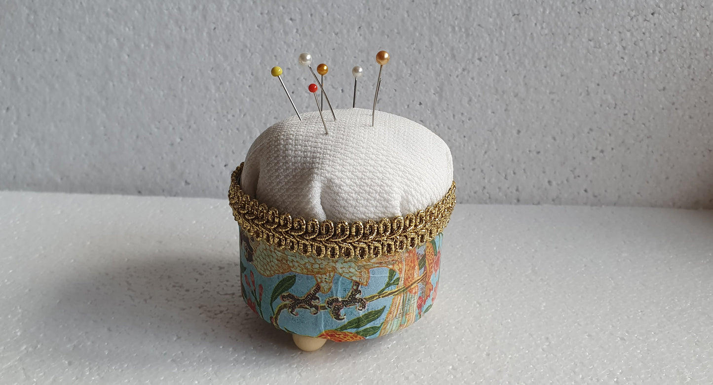 Small Hand Decorated Metal Pin Cushion Blue Orange Cockatoo Crafters Gift