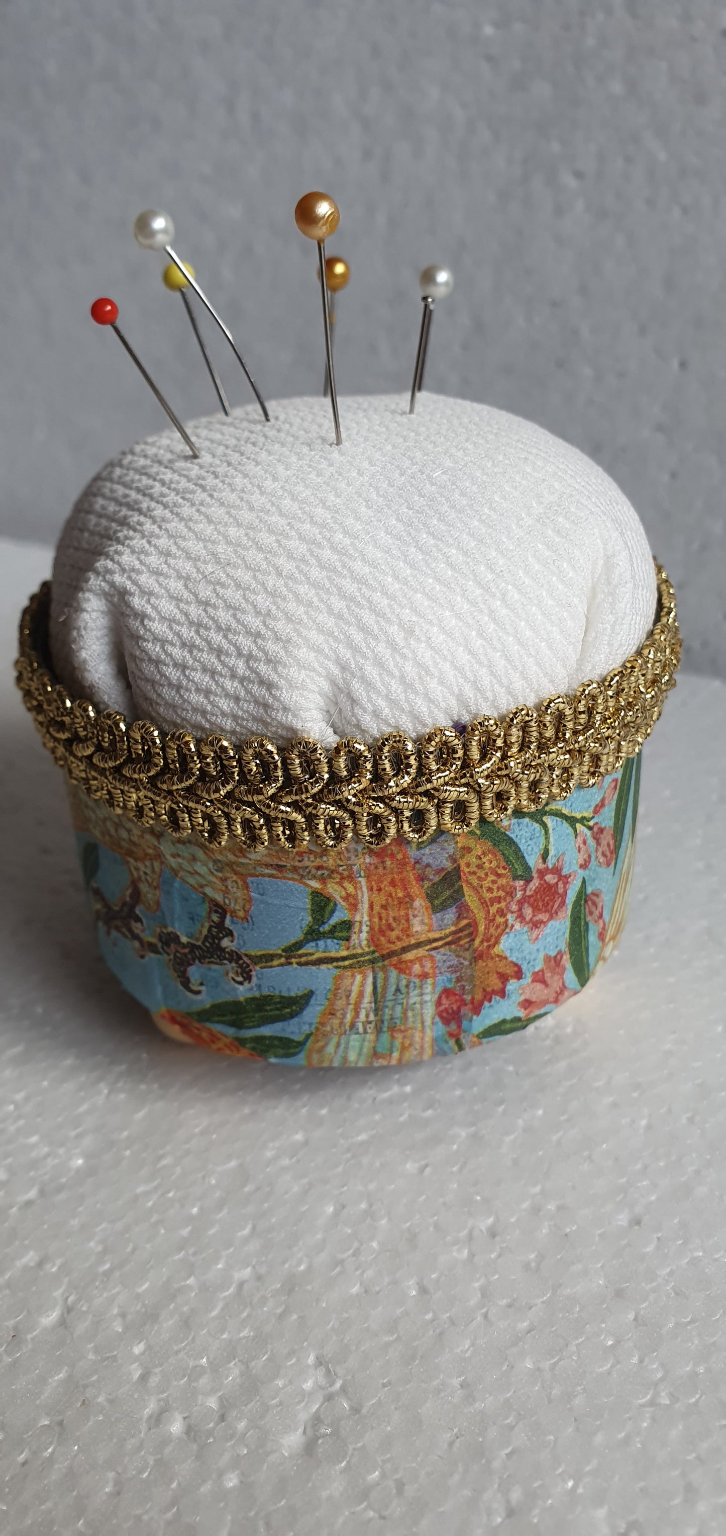 Small Hand Decorated Metal Pin Cushion Blue Orange Cockatoo Crafters Gift