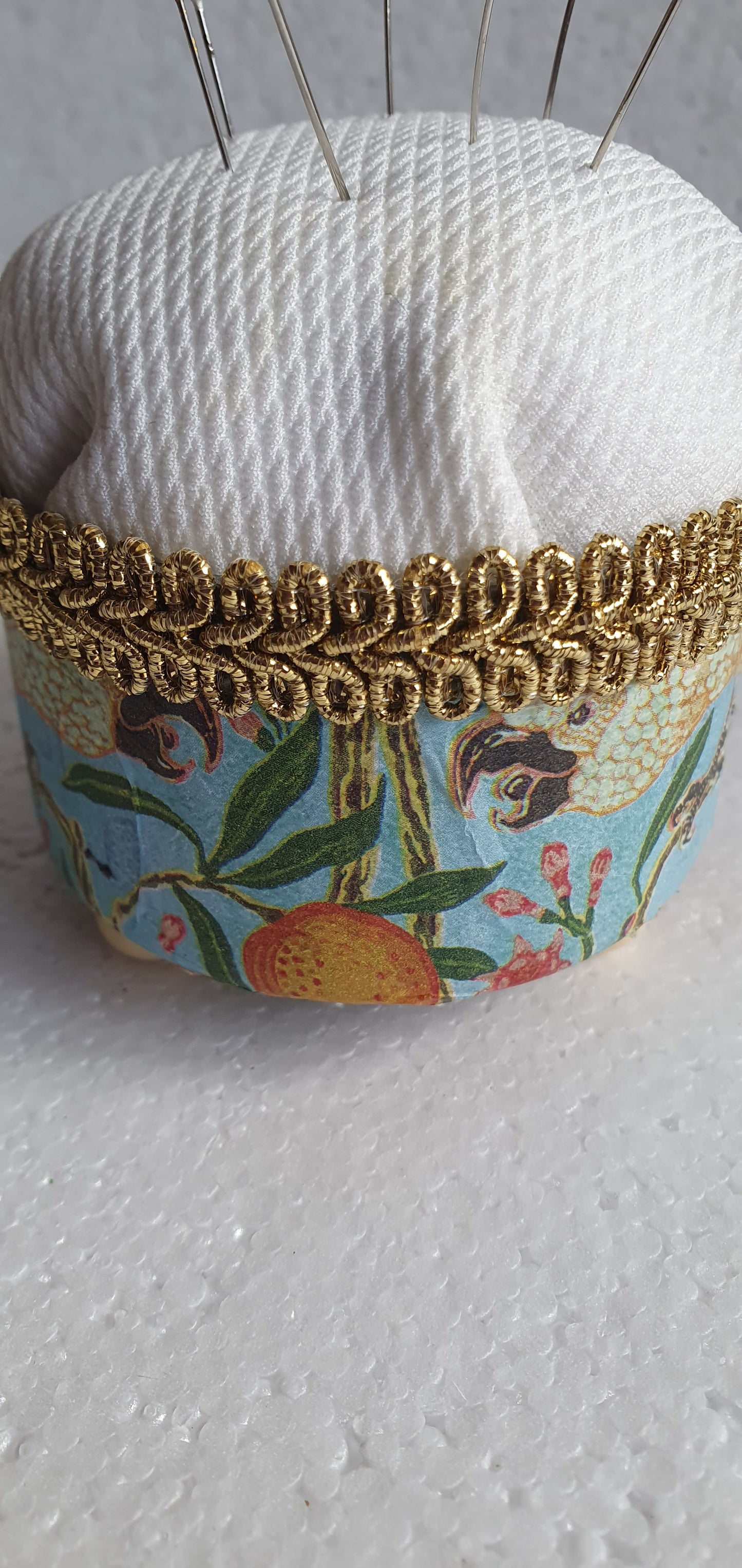 Small Hand Decorated Metal Pin Cushion Blue Orange Cockatoo Crafters Gift