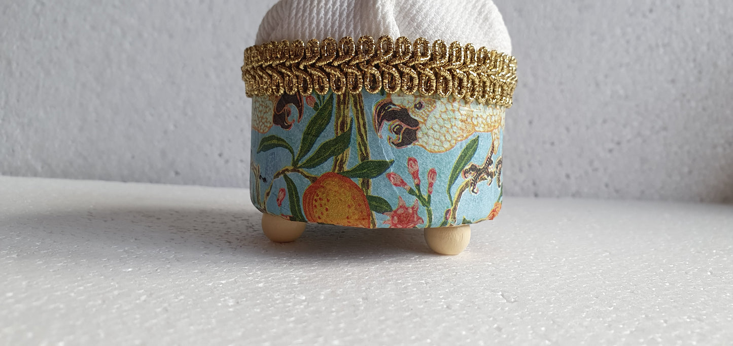 Small Hand Decorated Metal Pin Cushion Blue Orange Cockatoo Crafters Gift