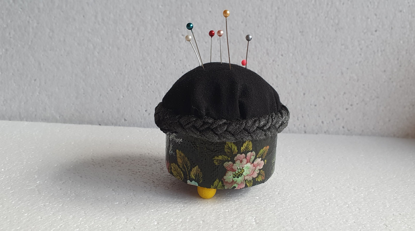 Small Hand Decorated Metal Pin Cushion Black Marine Pattern Crafters Gift
