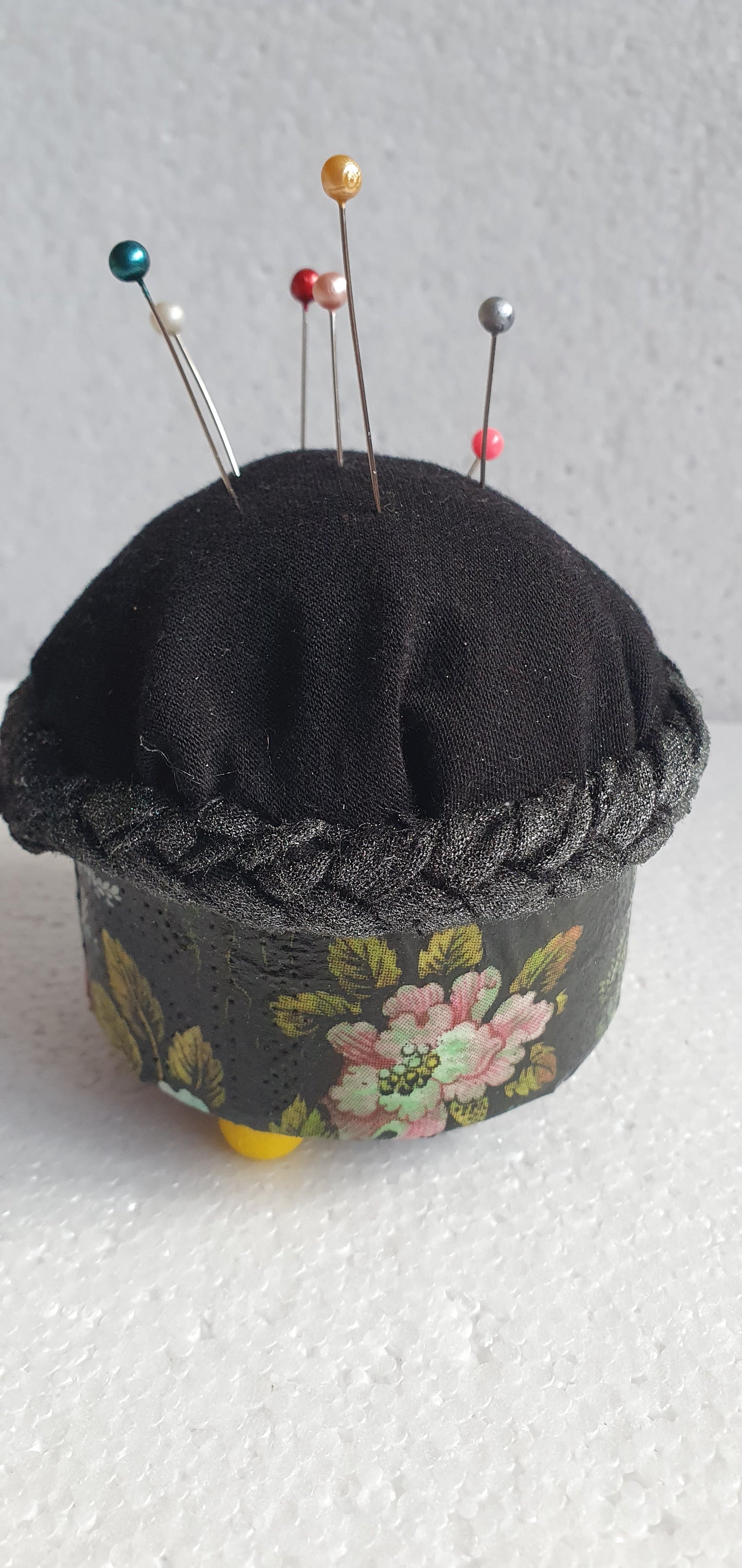 Small Hand Decorated Metal Pin Cushion Black Marine Pattern Crafters Gift