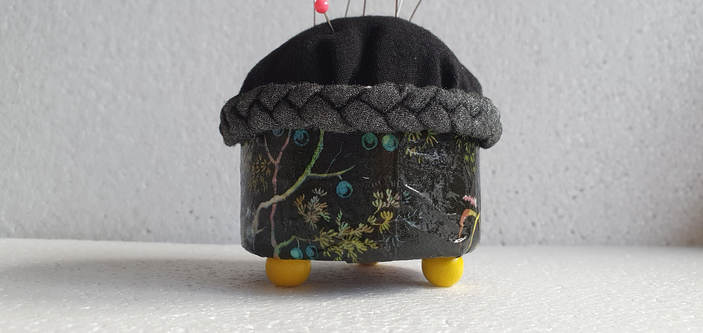Small Hand Decorated Metal Pin Cushion Black Marine Pattern Crafters Gift