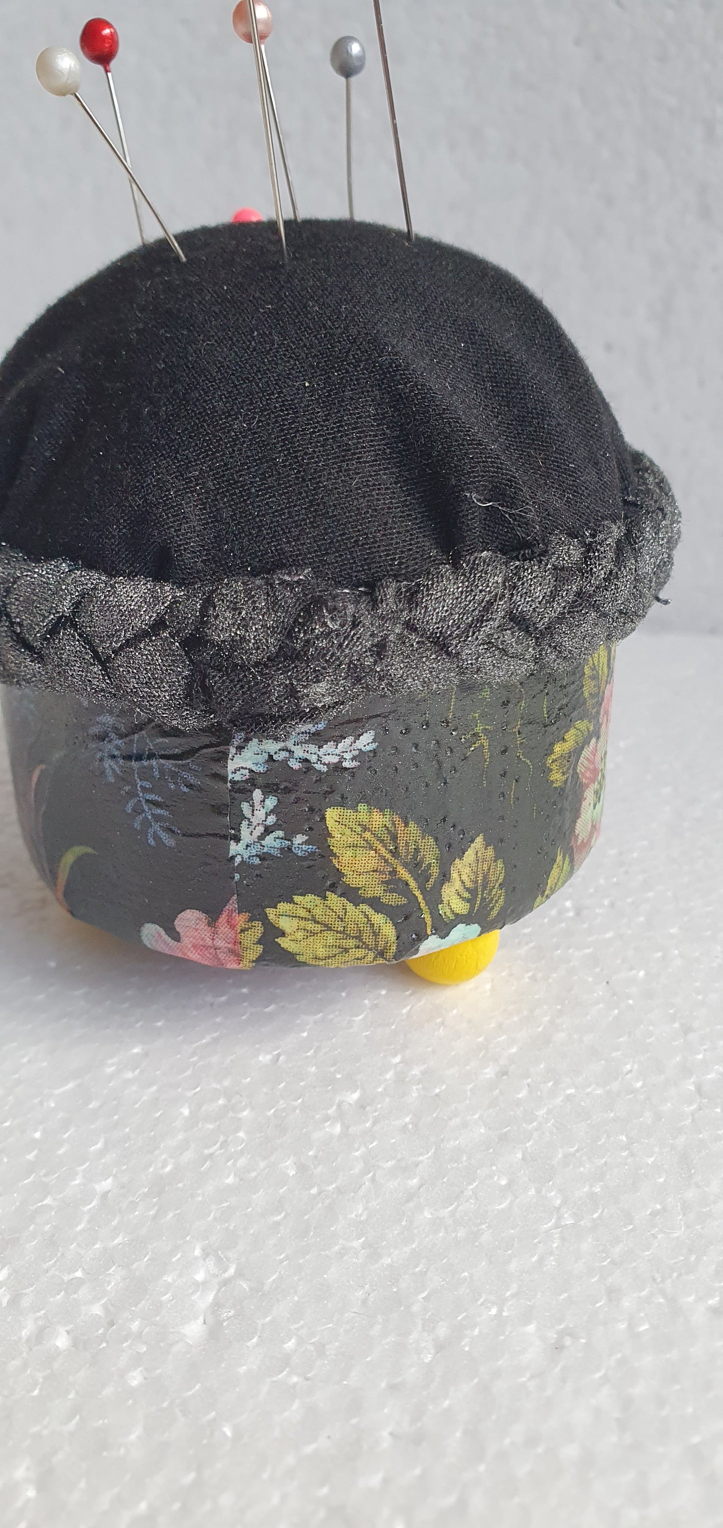 Small Hand Decorated Metal Pin Cushion Black Marine Pattern Crafters Gift