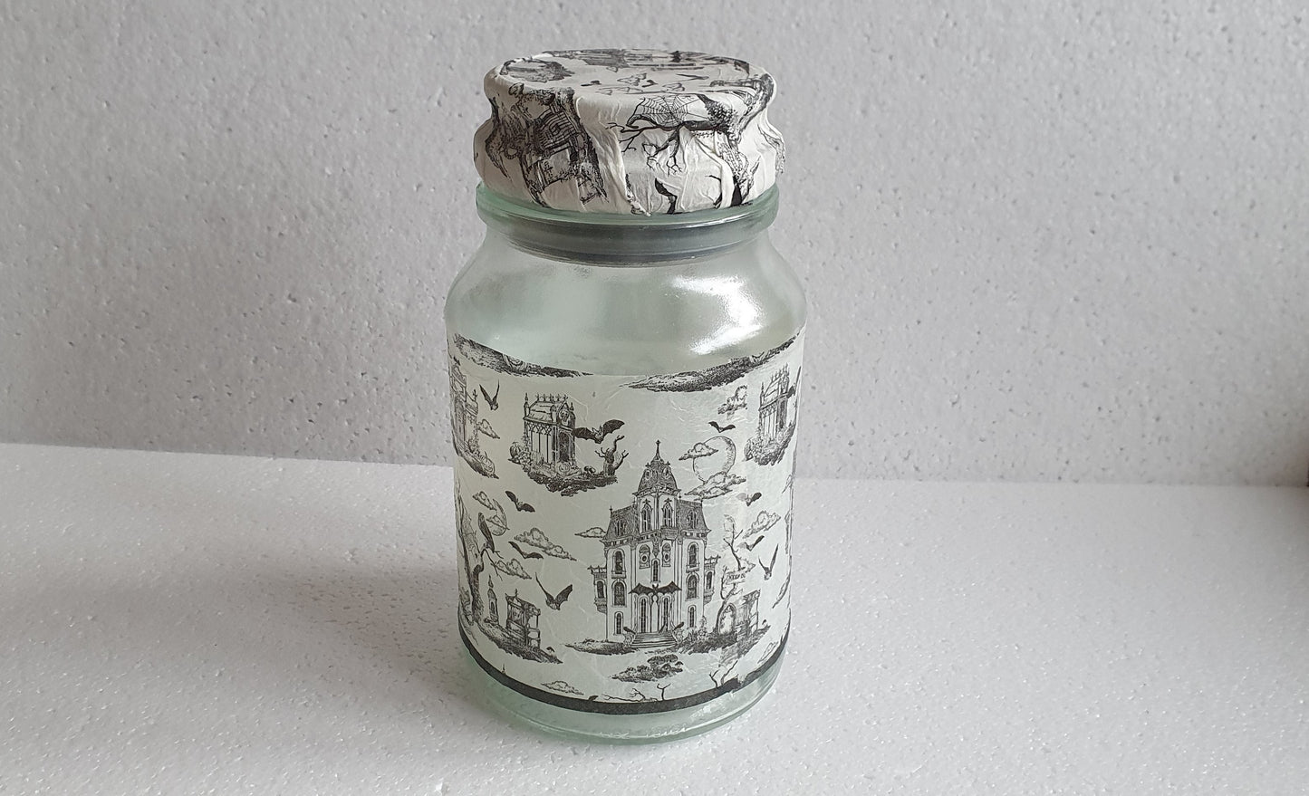 Medium 'Chunky' Hand Decorated Glass Pin Cushion Jar Haunted House Grey White Crafters Gift