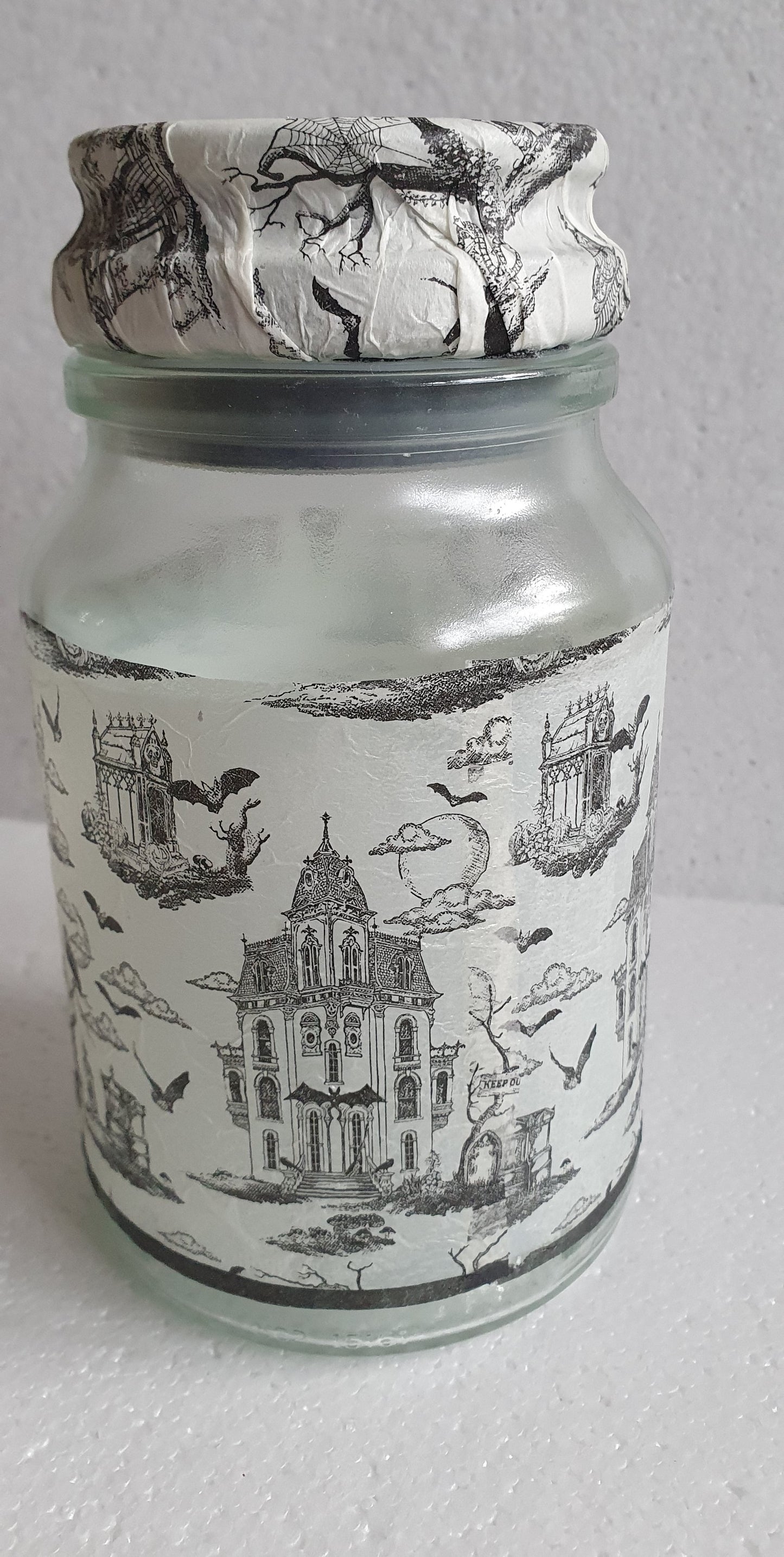 Medium 'Chunky' Hand Decorated Glass Pin Cushion Jar Haunted House Grey White Crafters Gift