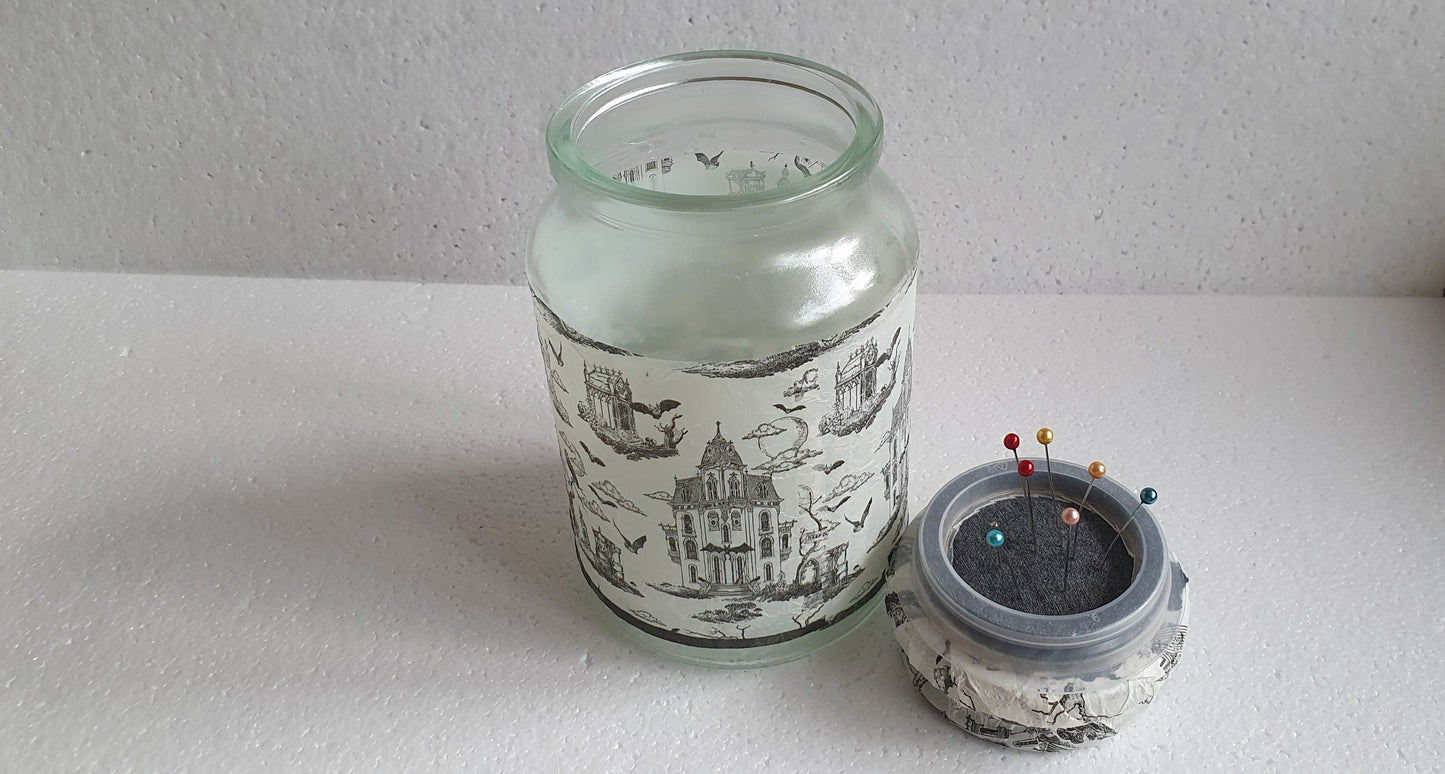 Medium 'Chunky' Hand Decorated Glass Pin Cushion Jar Haunted House Grey White Crafters Gift