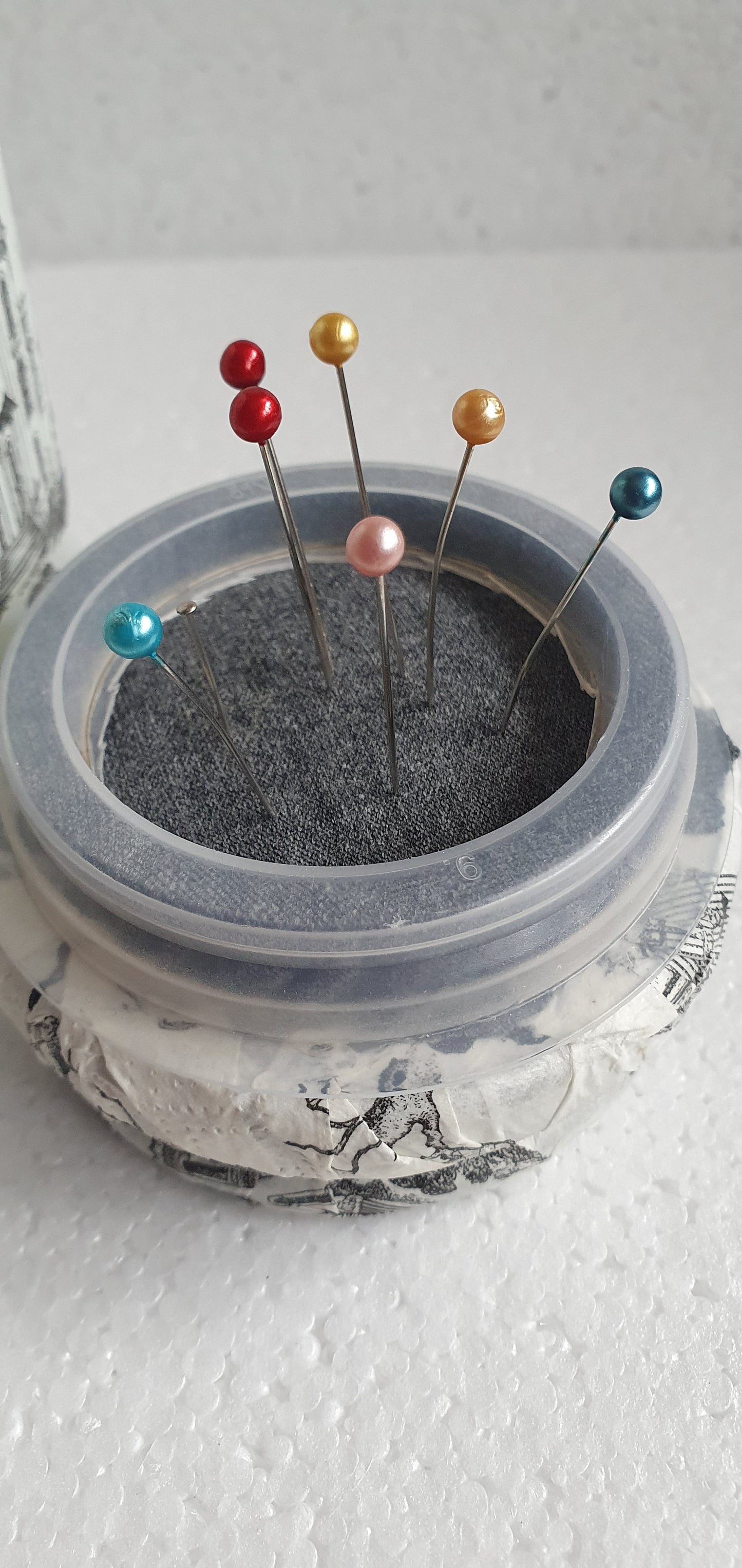 Medium 'Chunky' Hand Decorated Glass Pin Cushion Jar Haunted House Grey White Crafters Gift