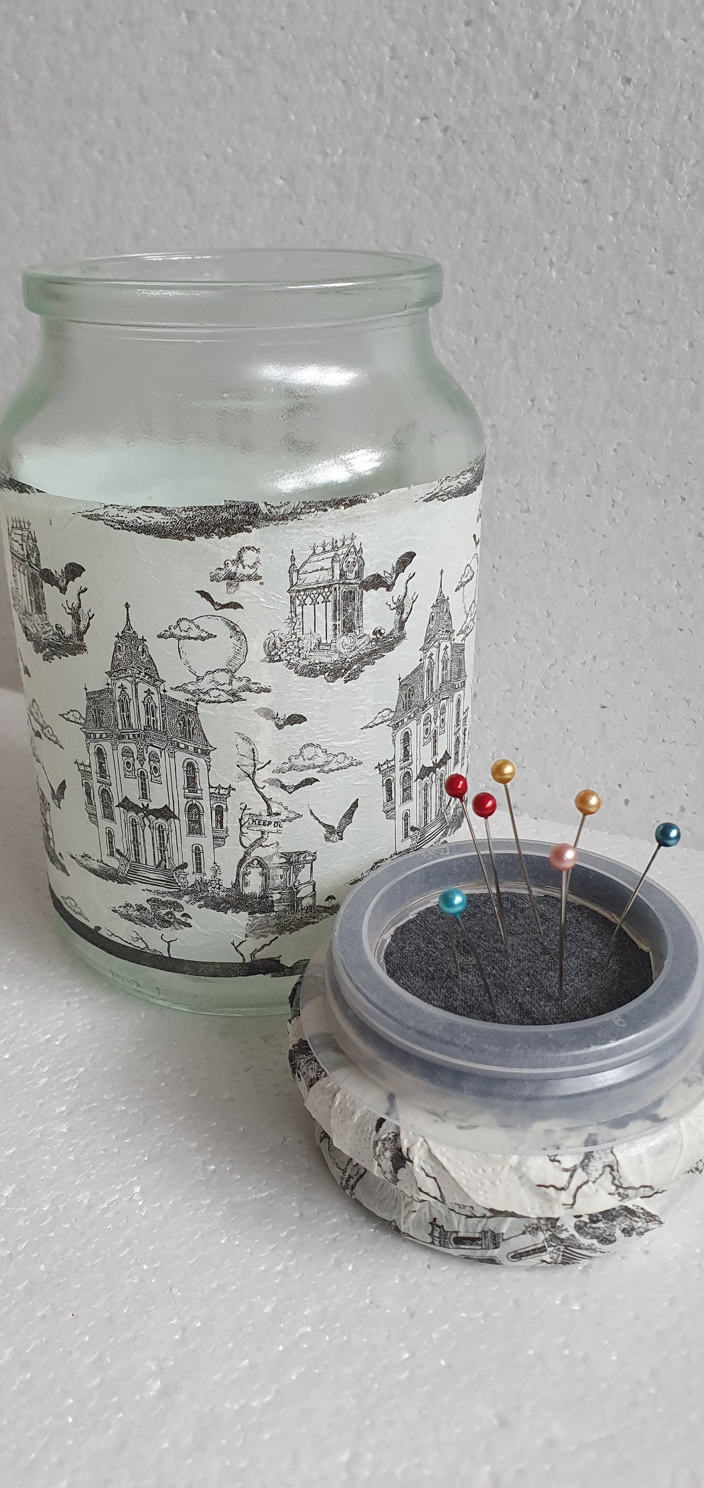 Medium 'Chunky' Hand Decorated Glass Pin Cushion Jar Haunted House Grey White Crafters Gift