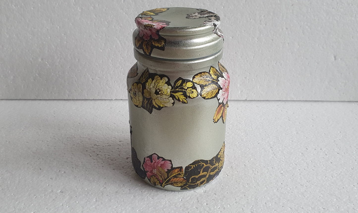 Small Medium Hand Decorated Glass Pin Cushion Jar Champagne Gold Floral Black Crafters Gift