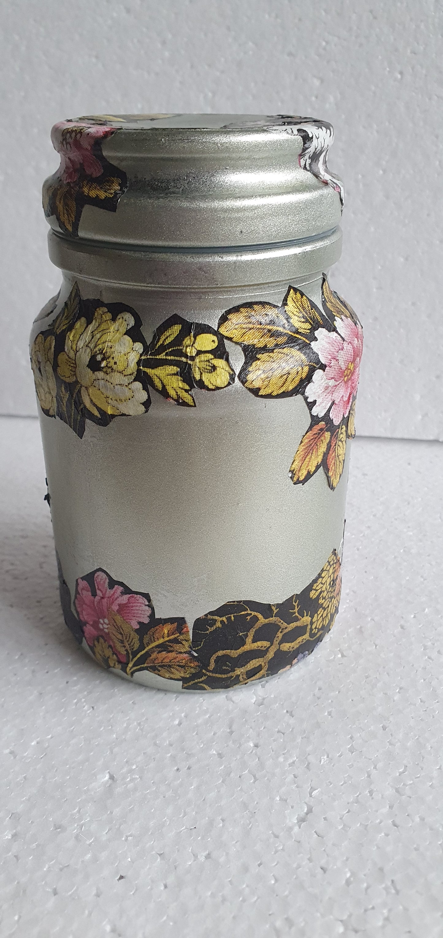 Small Medium Hand Decorated Glass Pin Cushion Jar Champagne Gold Floral Black Crafters Gift