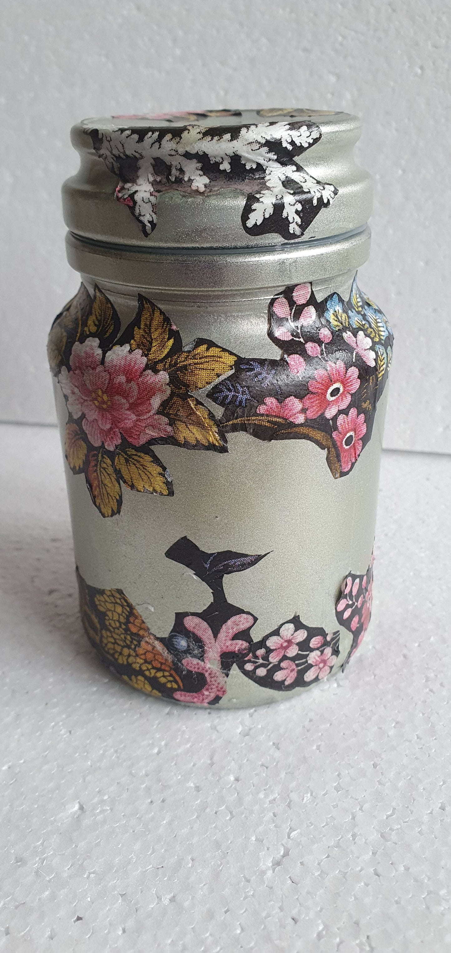 Small Medium Hand Decorated Glass Pin Cushion Jar Champagne Gold Floral Black Crafters Gift