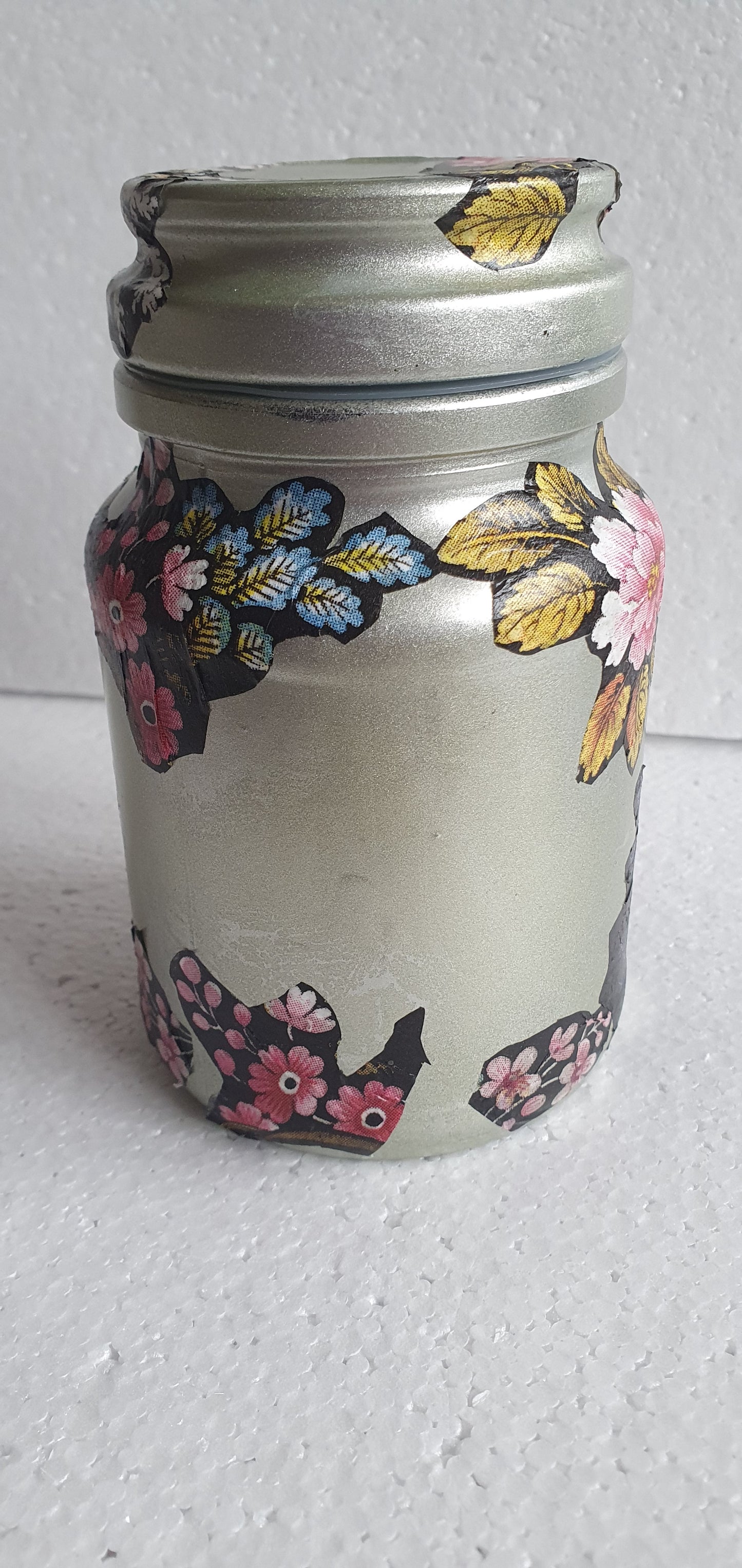 Small Medium Hand Decorated Glass Pin Cushion Jar Champagne Gold Floral Black Crafters Gift
