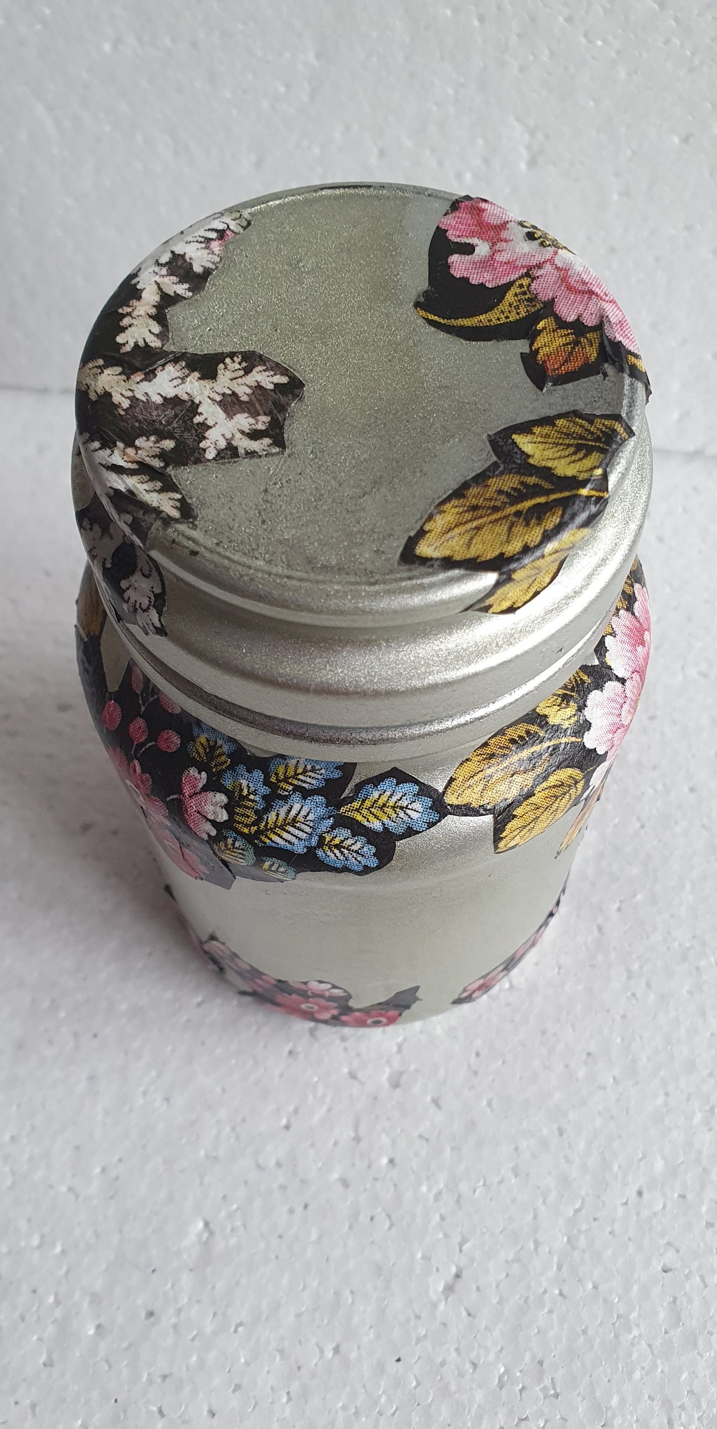 Small Medium Hand Decorated Glass Pin Cushion Jar Champagne Gold Floral Black Crafters Gift