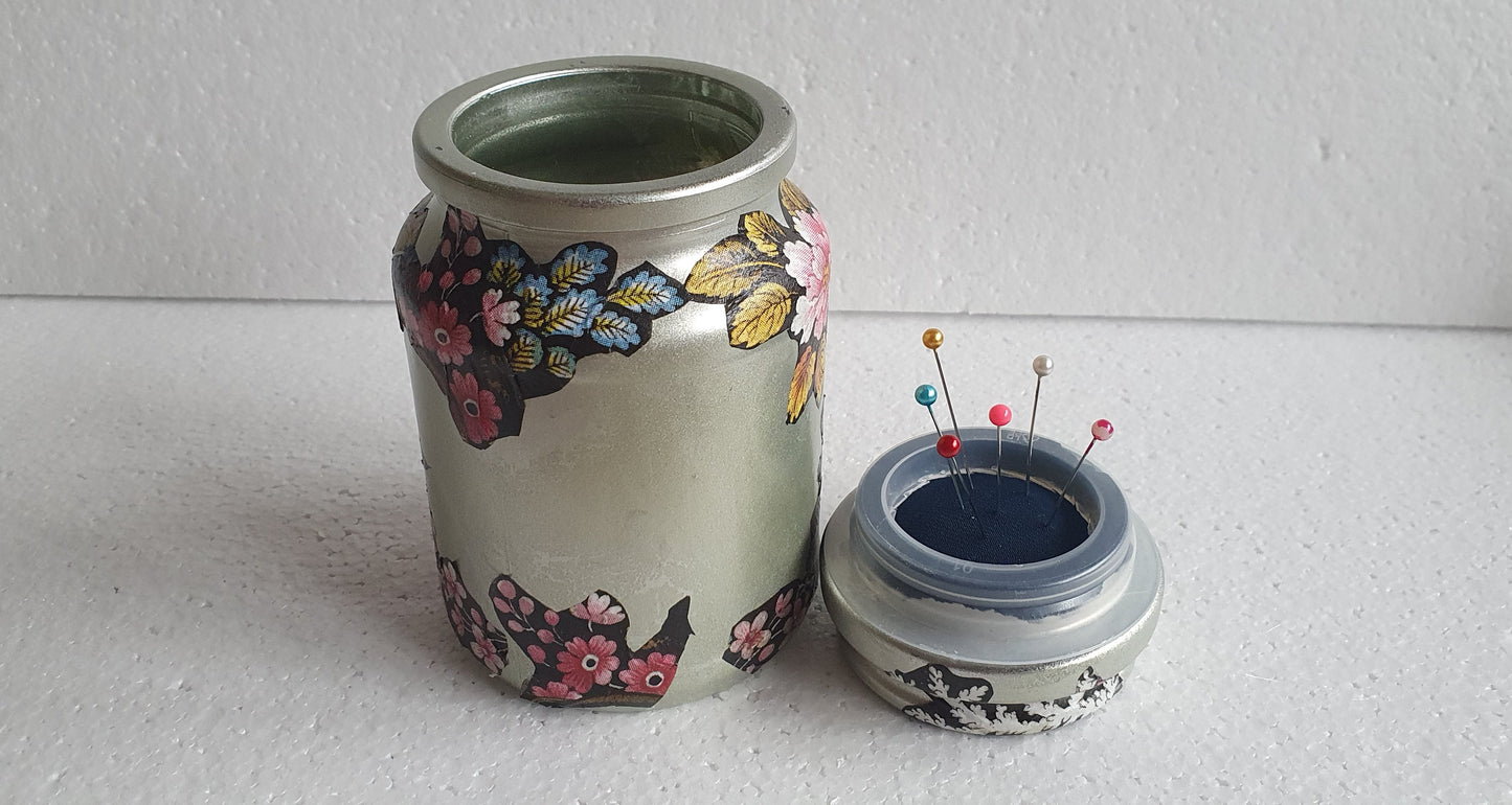 Small Medium Hand Decorated Glass Pin Cushion Jar Champagne Gold Floral Black Crafters Gift