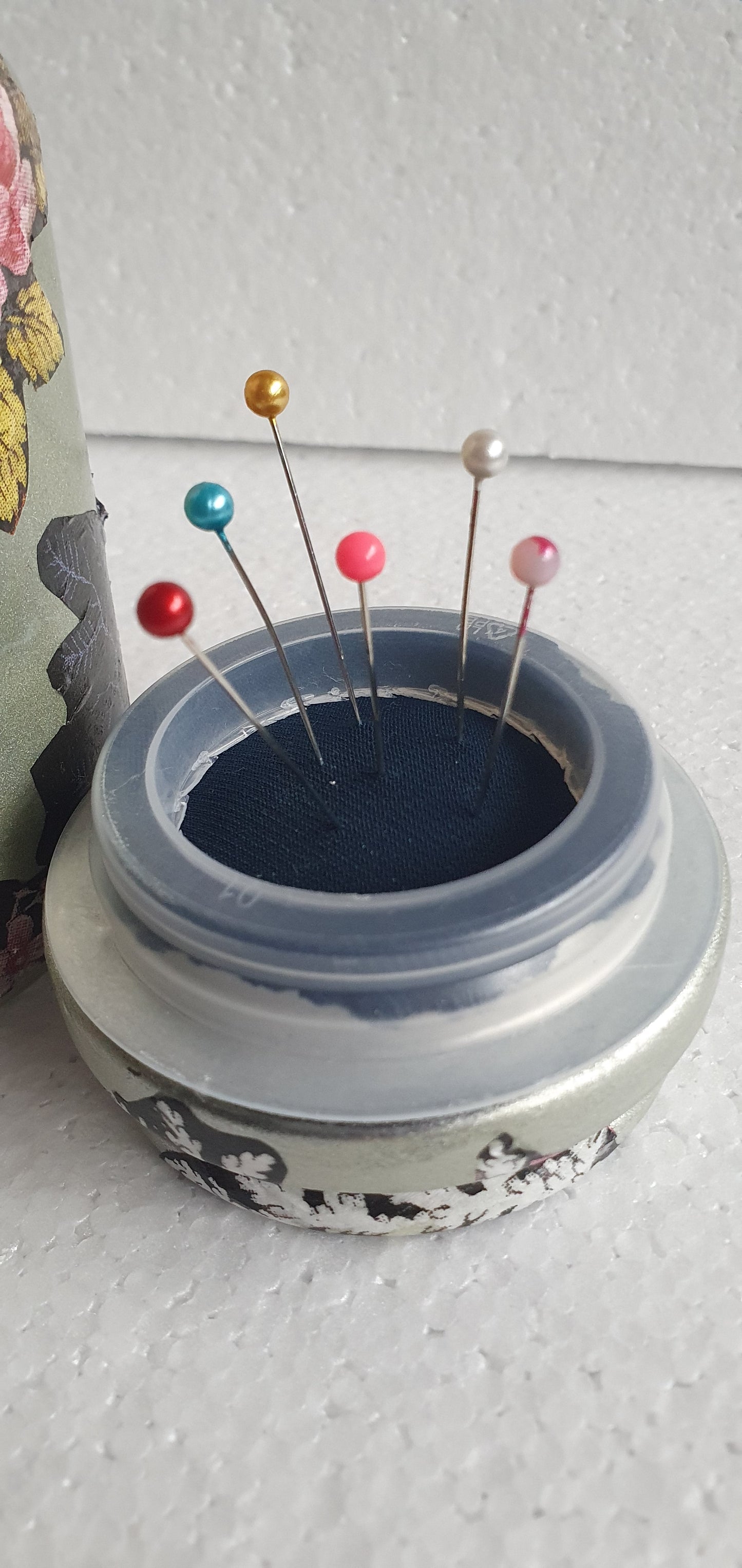 Small Medium Hand Decorated Glass Pin Cushion Jar Champagne Gold Floral Black Crafters Gift
