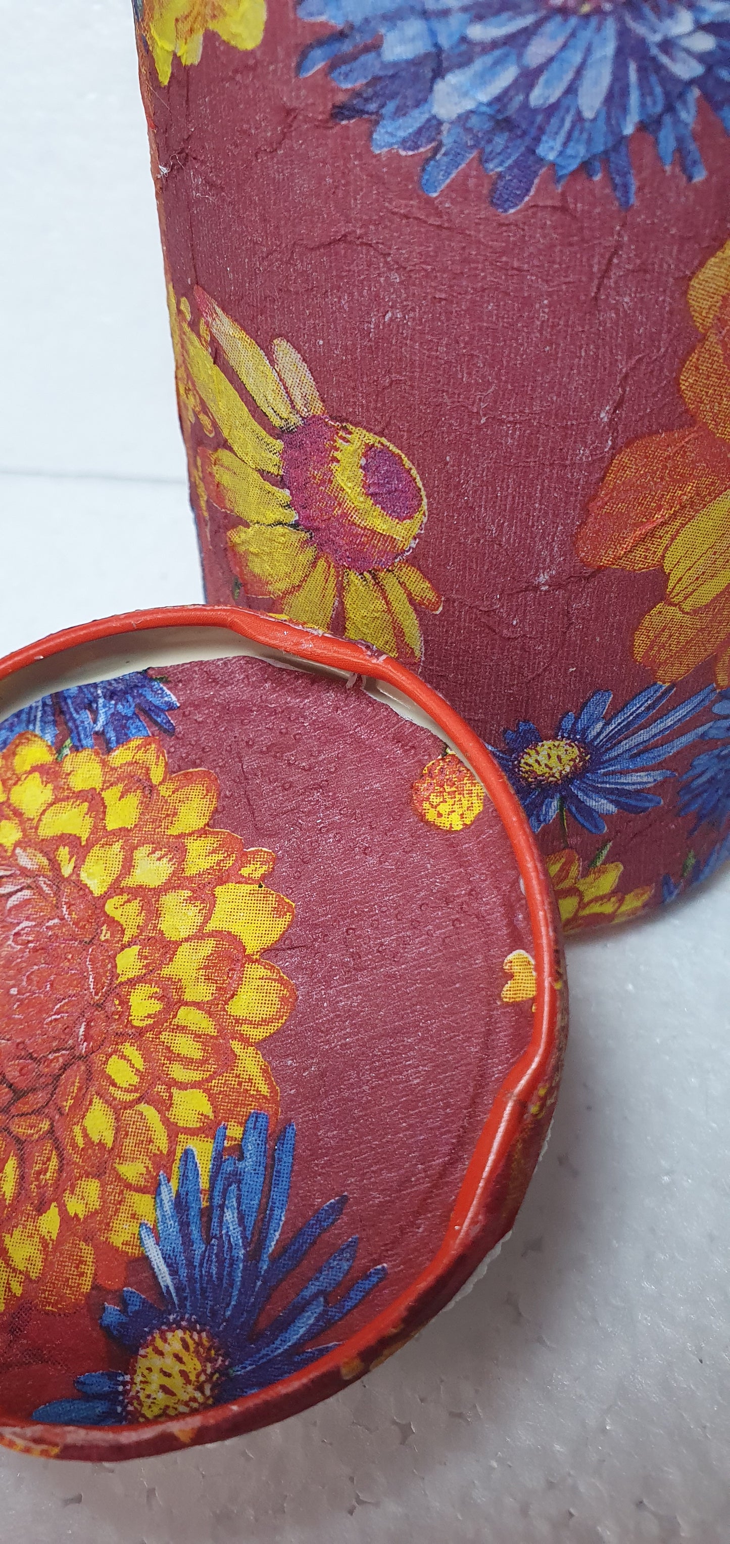 Hand Decorated Glass Pin Cushion Jar Red Blue Yellow Floral Crafters Gift