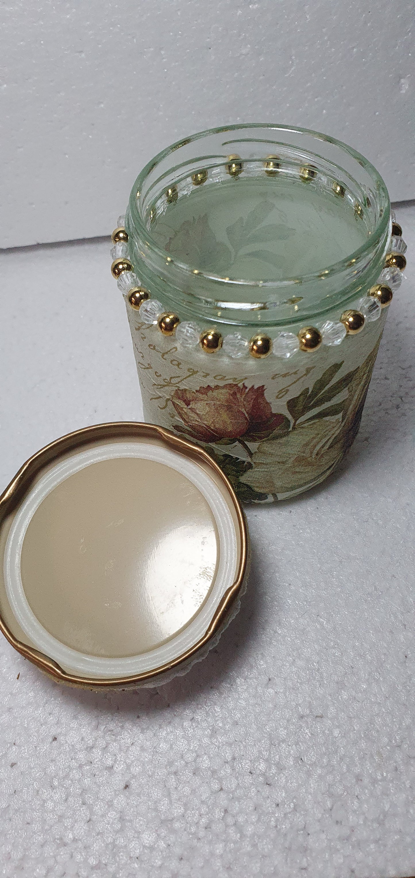 Hand Decorated Glass Pin Cushion Jar Floral Beige Cream Gold Crafters Gift