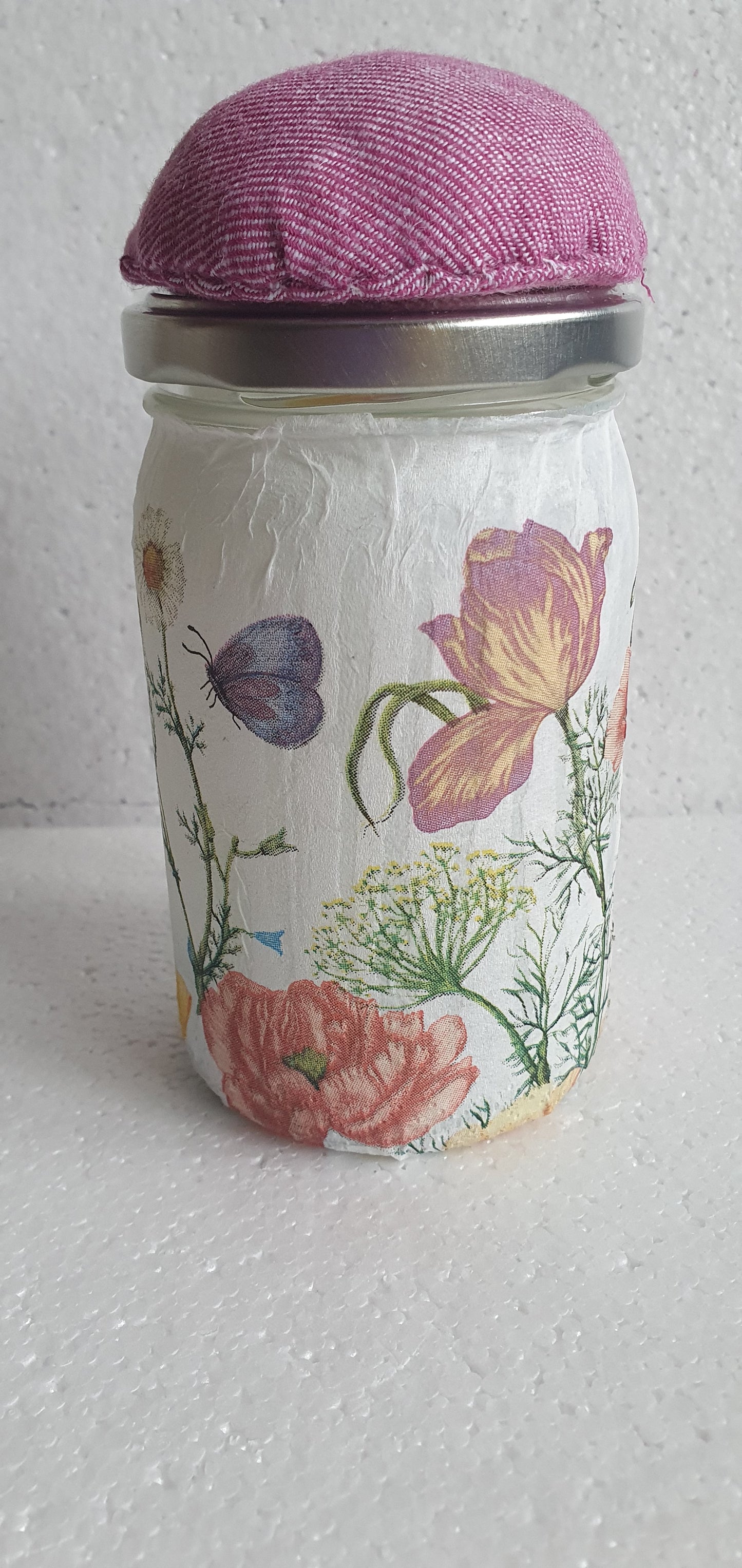 Hand Decorated Glass Pin Cushion Jar Pink Insects Floral Crafters Gift