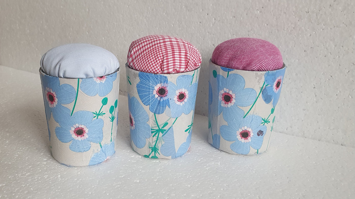 Small Blue White Flowers Hand Decorated PINK Pin Cushion Home Decor Gift