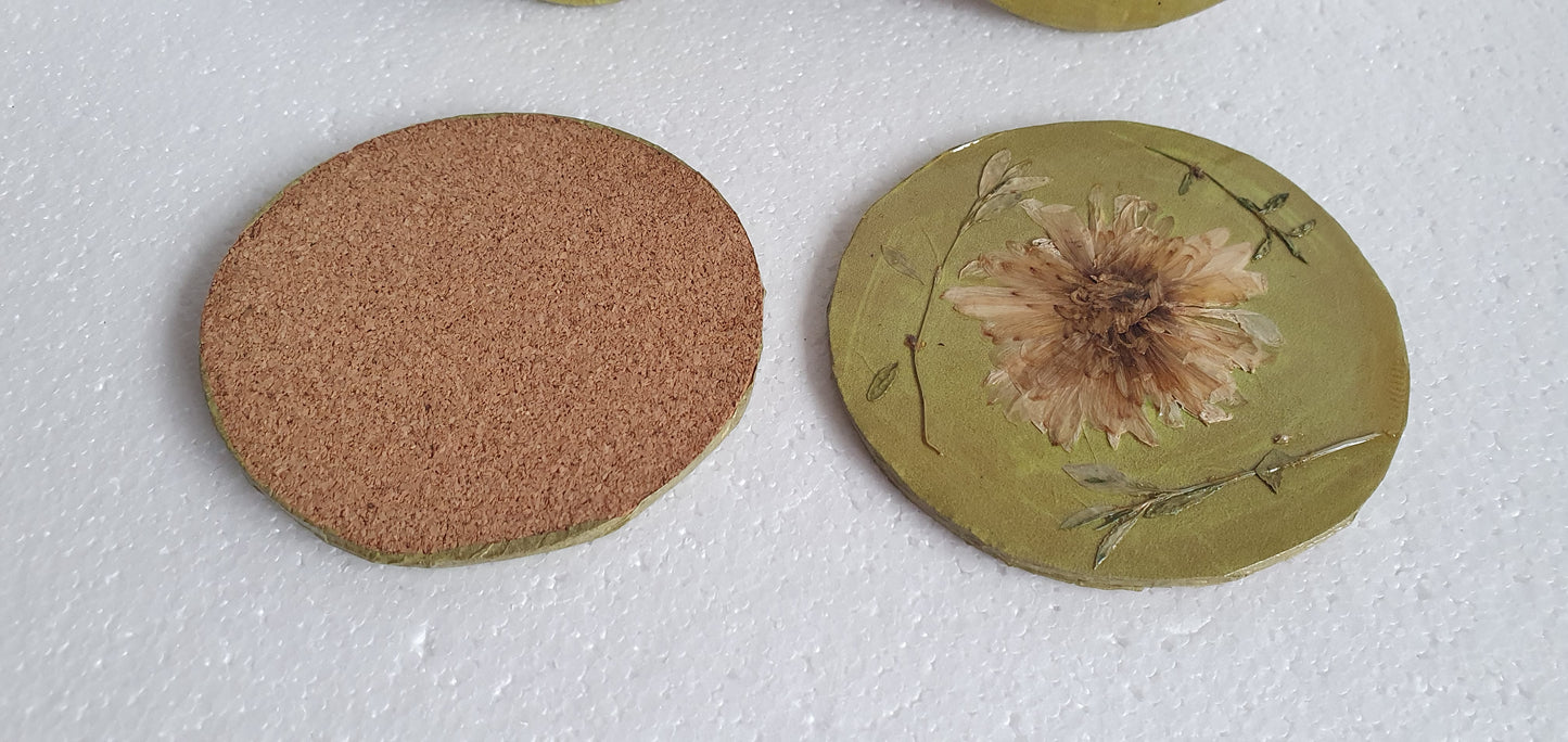 Gold Green Round Coasters Real Flowers Leaves Set Of Four Home Decor Gift